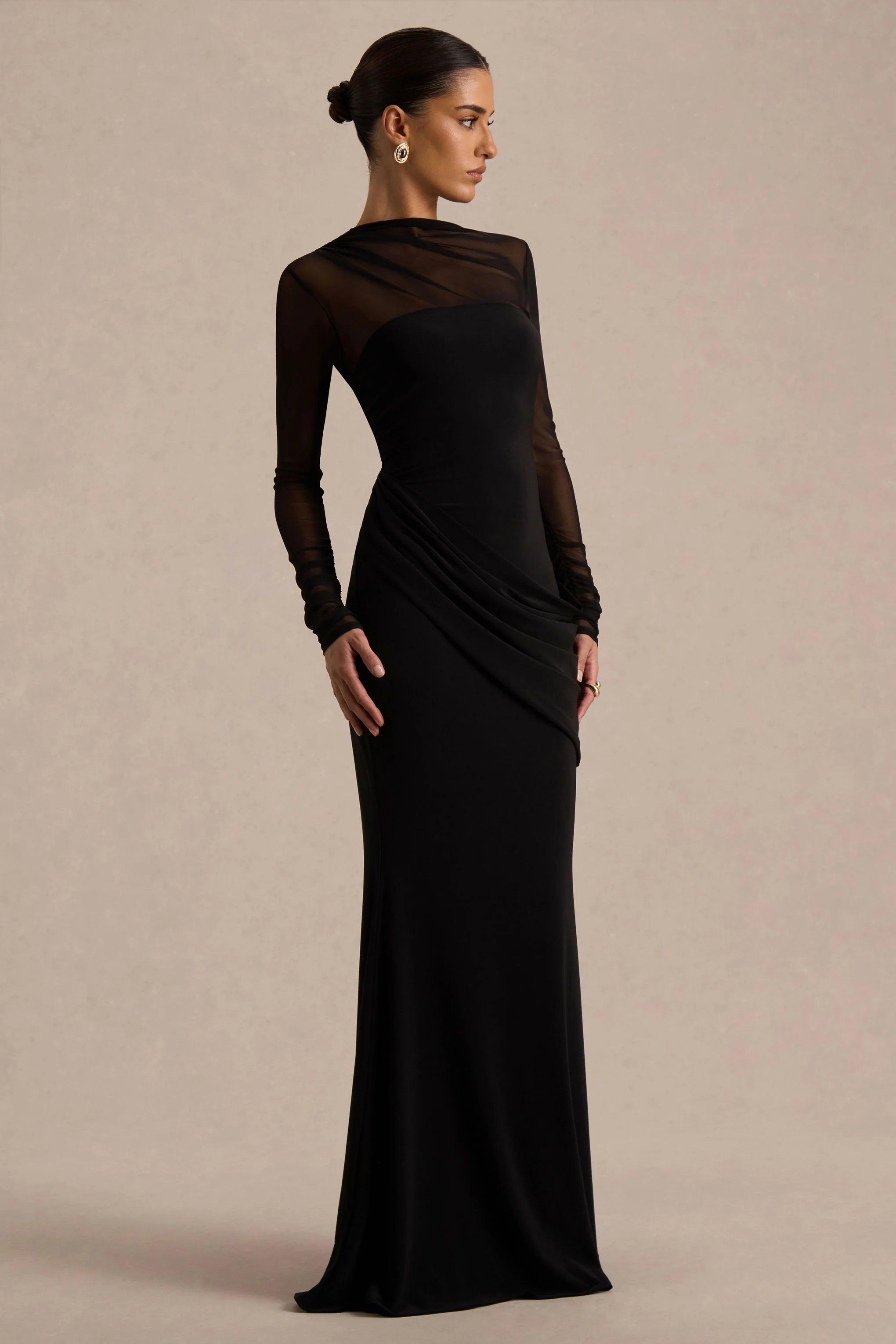 Deema | Zwarte Jersey En Mesh Hoge Hals Maxi Jurk - Image 5
