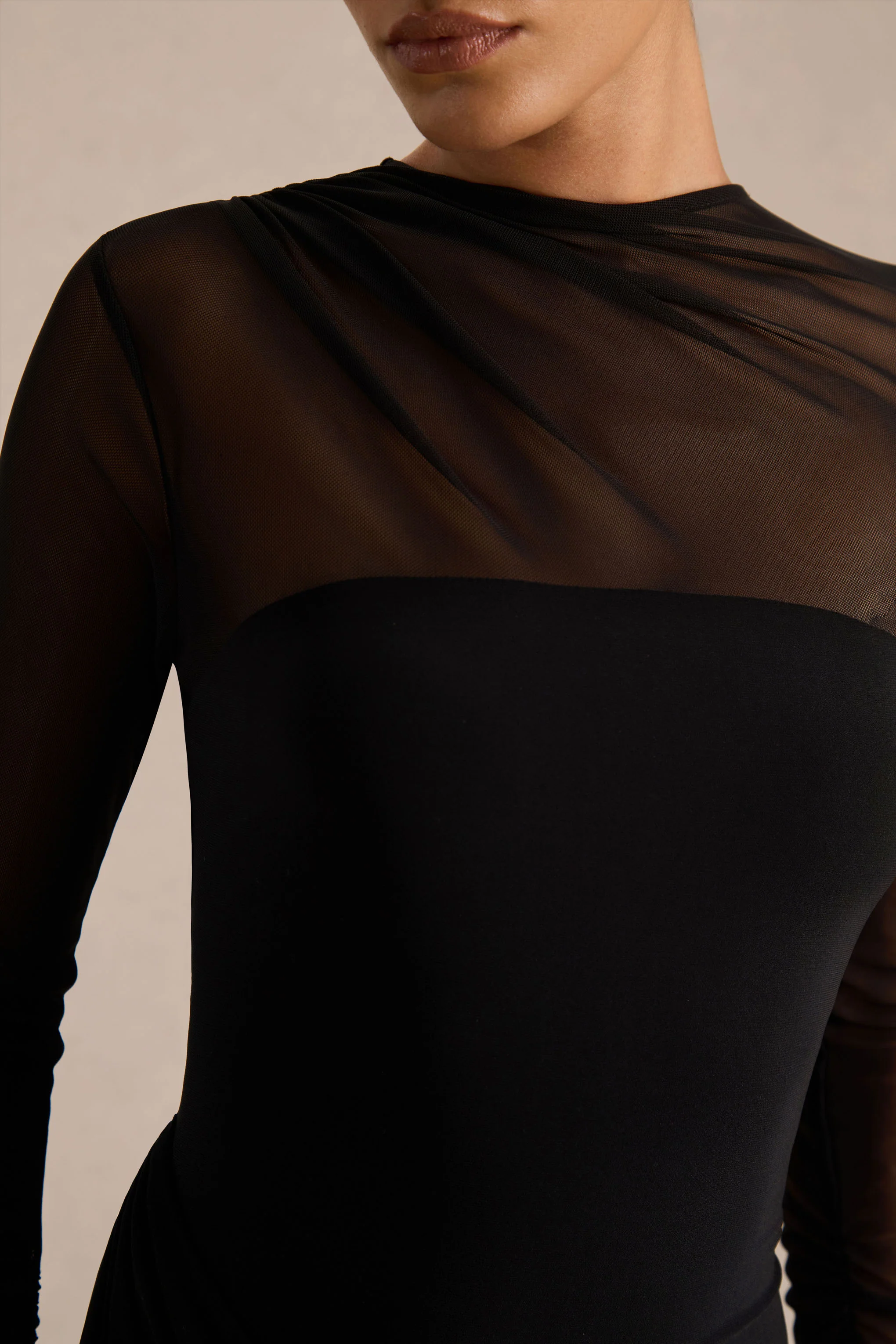 Deema | Zwarte Jersey En Mesh Hoge Hals Maxi Jurk - Image 6