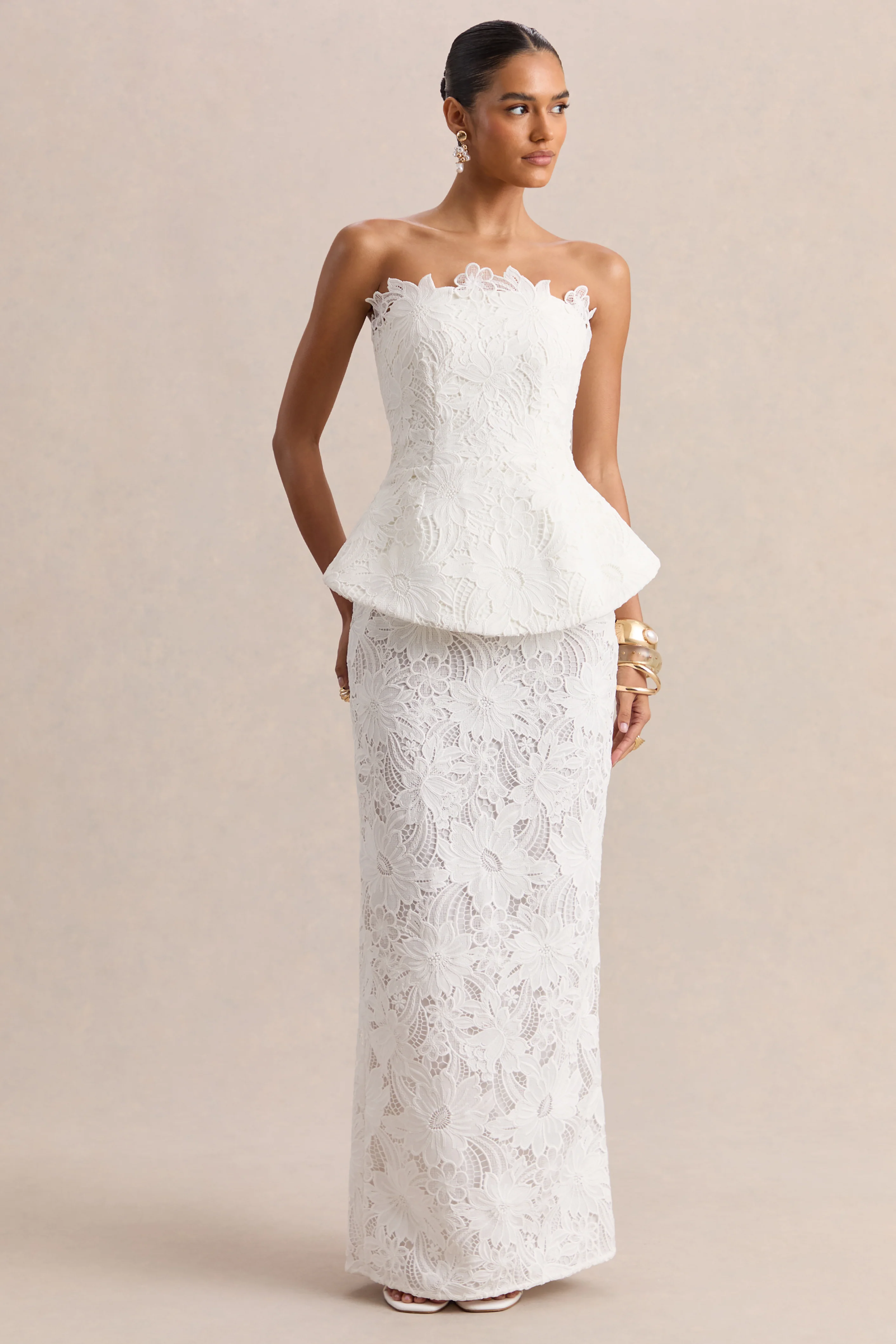 Delvine | Witte Kanten Bandeau Corset Maxi Jurk