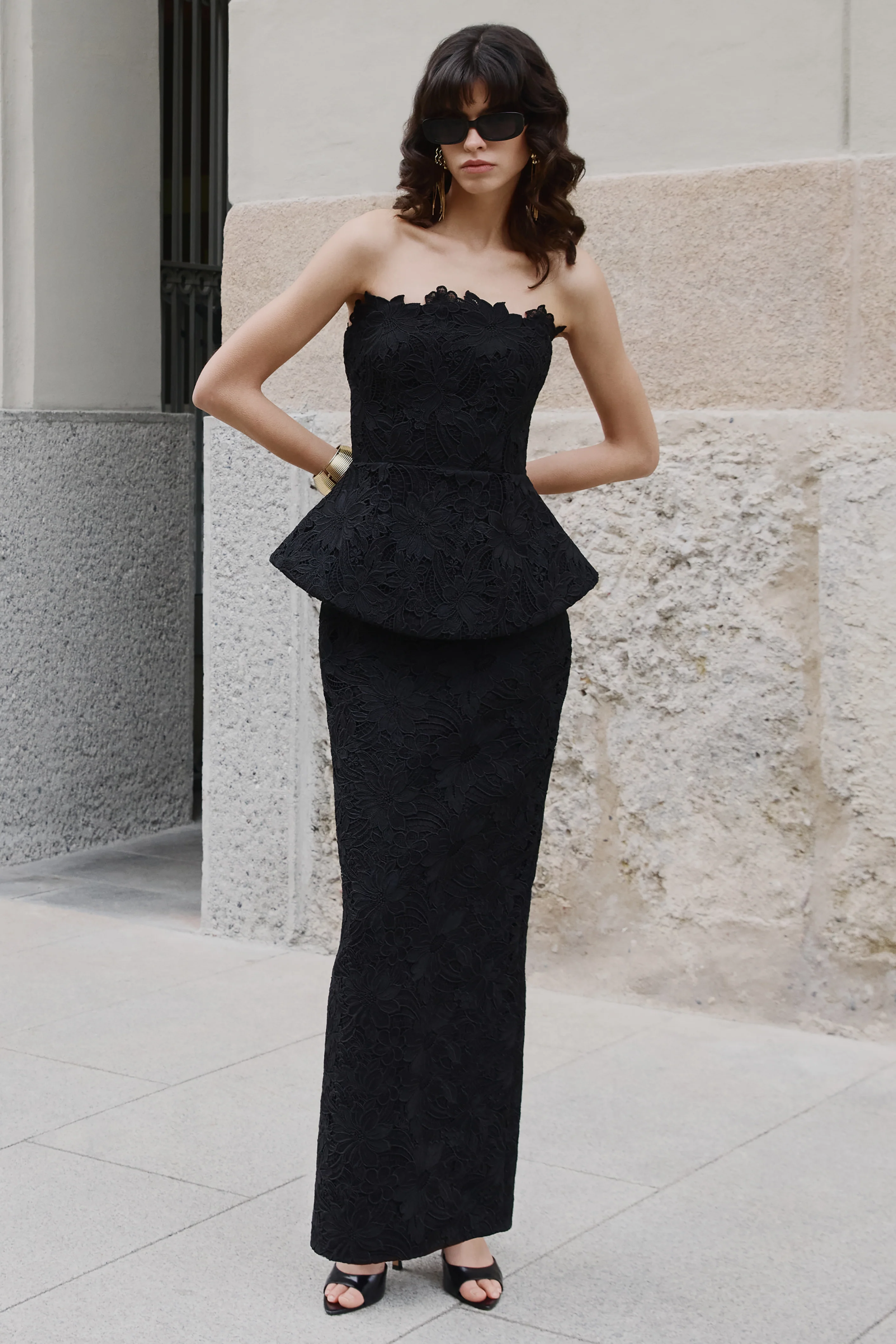 Delvine | Zwarte Kanten Bandeau Korset Maxi Jurk