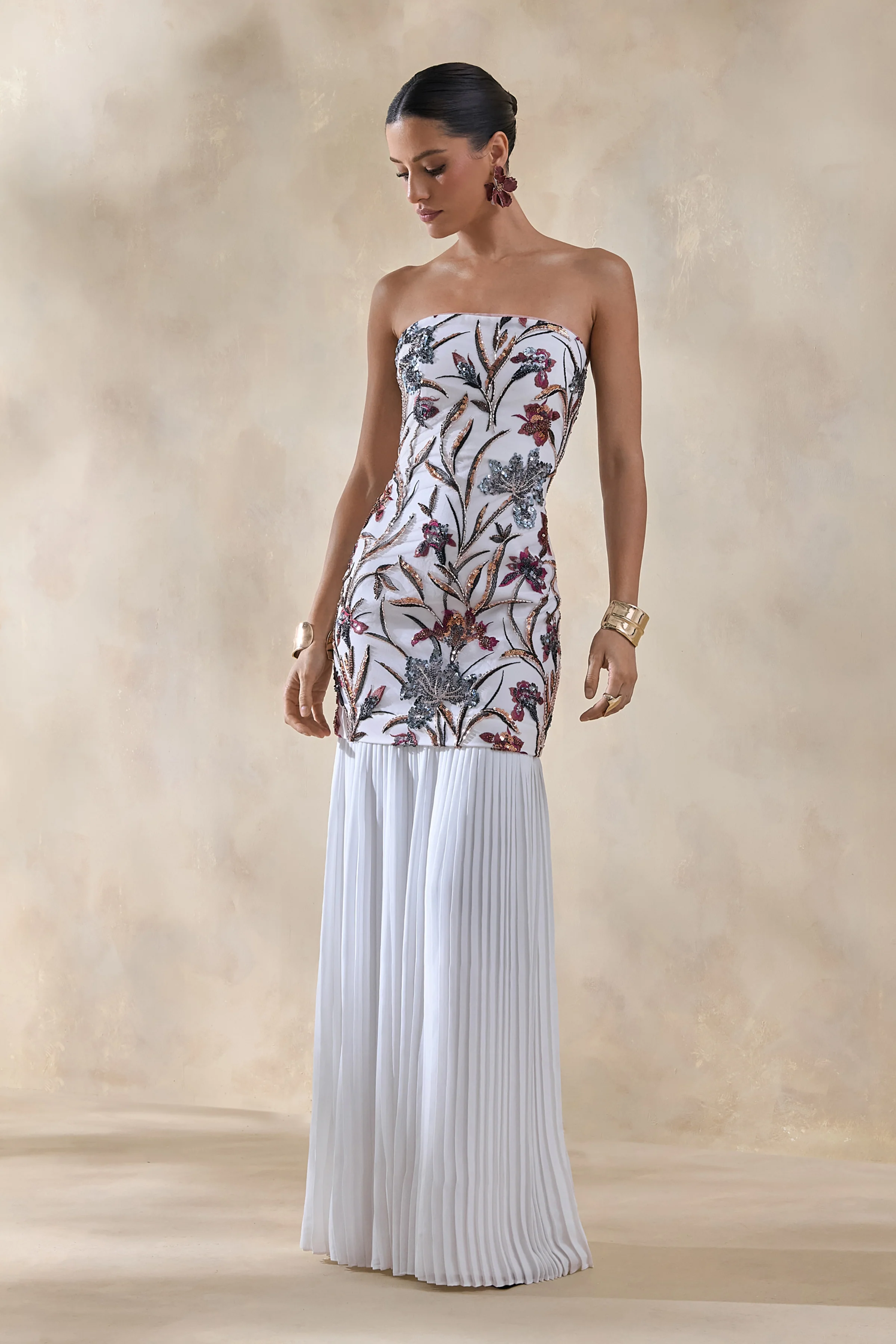 Denise | Crème Paillette Bloemenprint Bandeau Maxi Jurk met Verlaagde Taille en Mesh Rok - Image 5