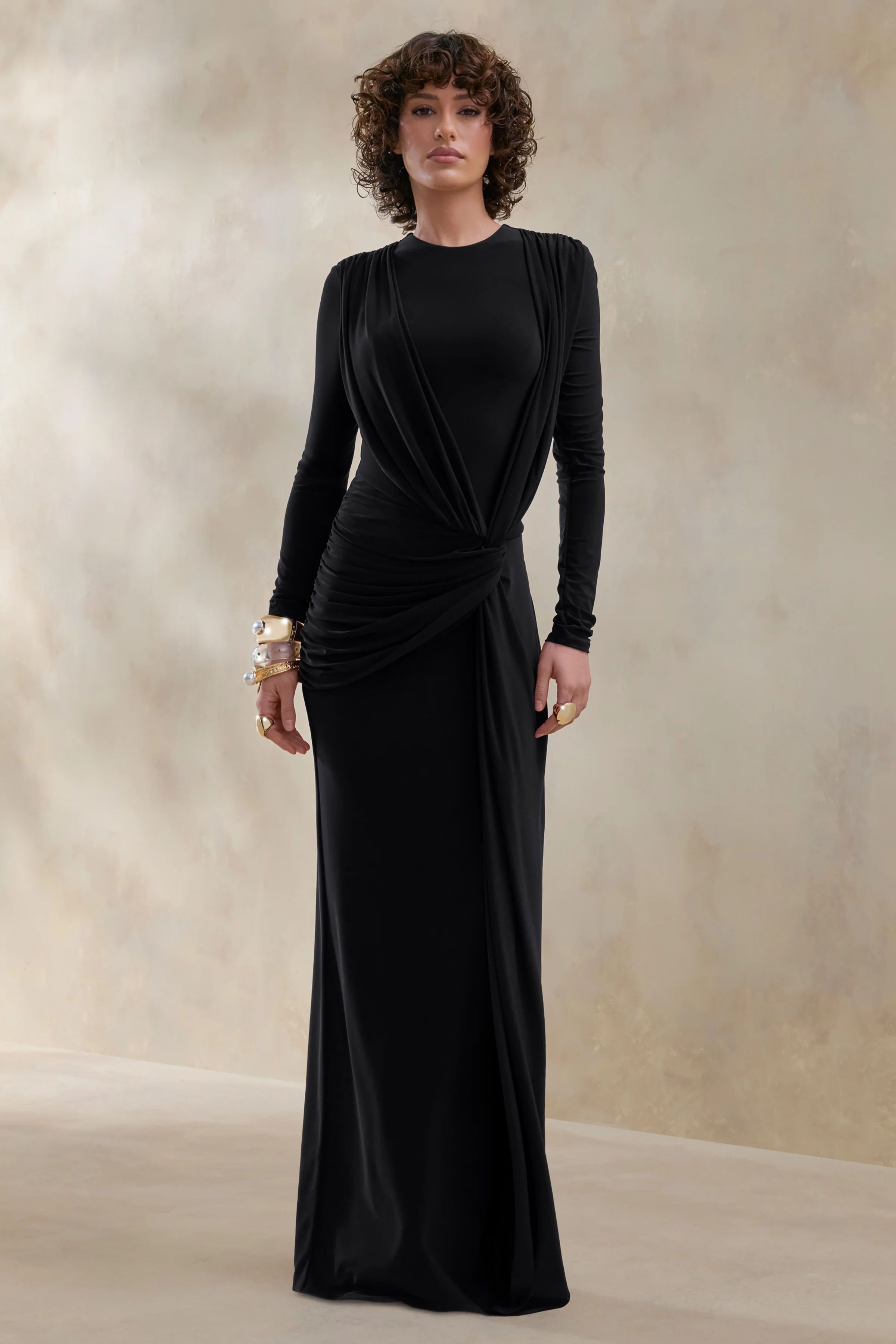Desirelle | Zwarte Ronde Hals Maxi Jurk met Gerimpelde Details