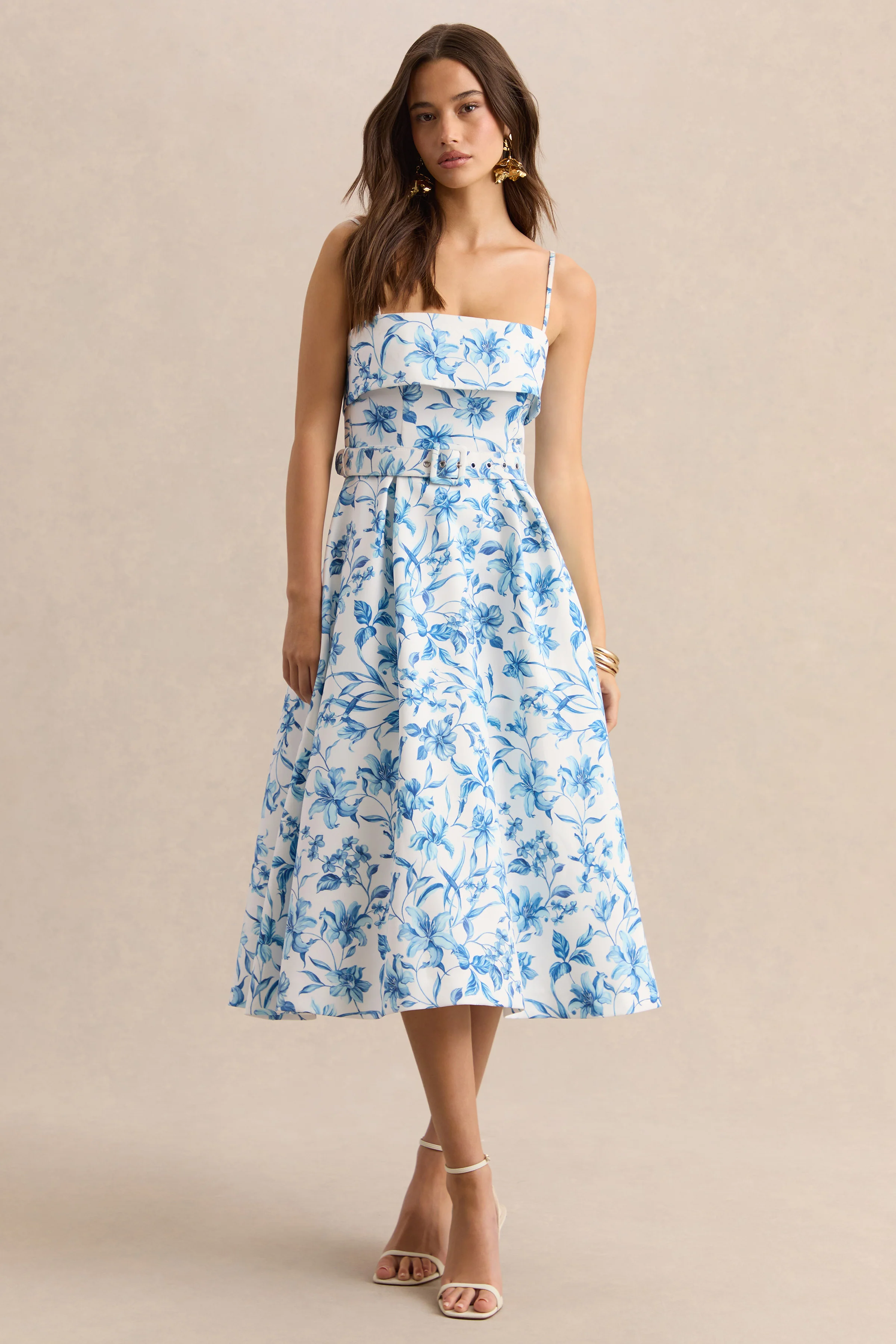 Devina | Blauwe Porselein Print Vierkante Hals Midi Jurk Met Ceintuur - Image 3