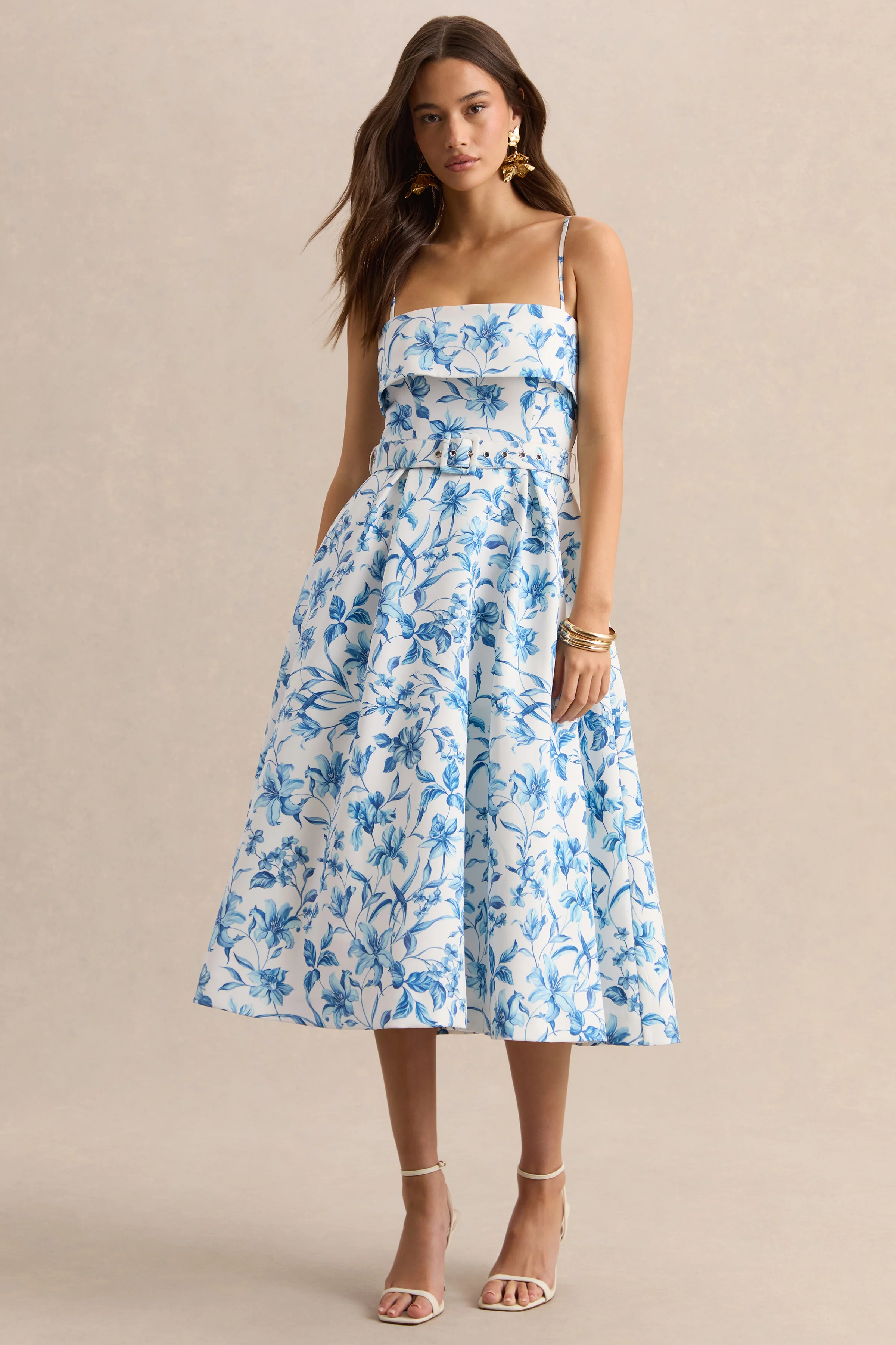 Devina | Blauwe Porselein Print Vierkante Hals Midi Jurk Met Ceintuur - Image 4