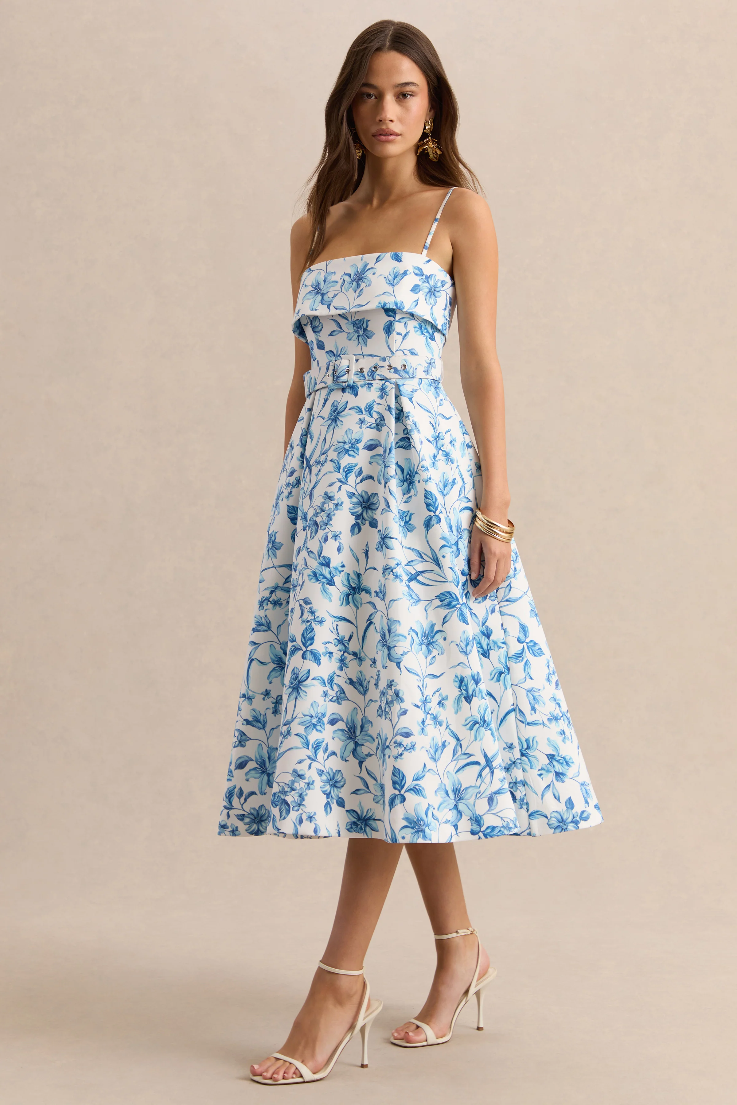 Devina | Blauwe Porselein Print Vierkante Hals Midi Jurk Met Ceintuur - Image 5