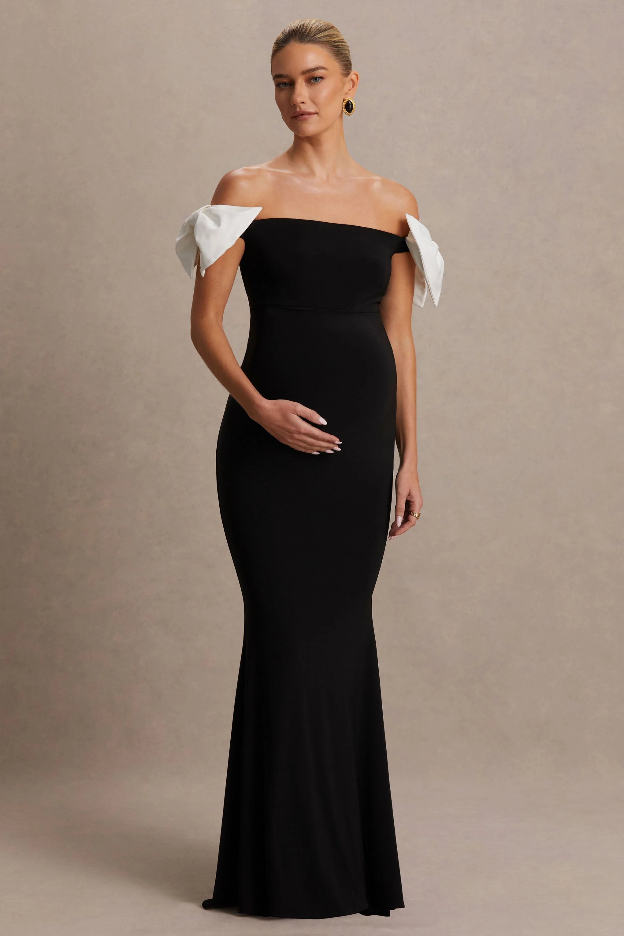 Didi | Zwart-Witte Bardot Strik Detail Zwangerschaps Maxi Jurk - Image 4