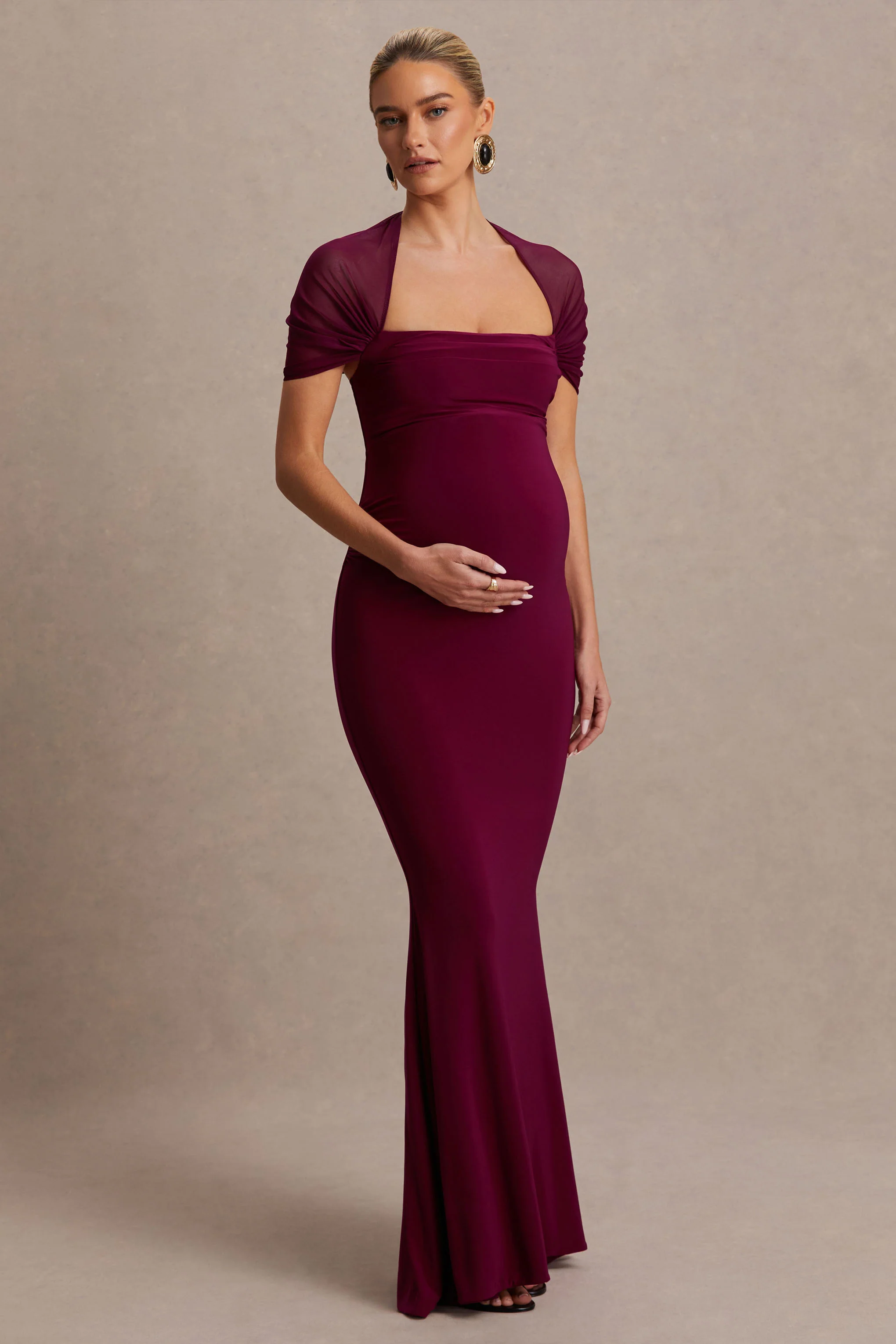 Dome | Burgundy Vierkante Hals Zwangerschap Maxi Jurk Met Mesh Mouwen