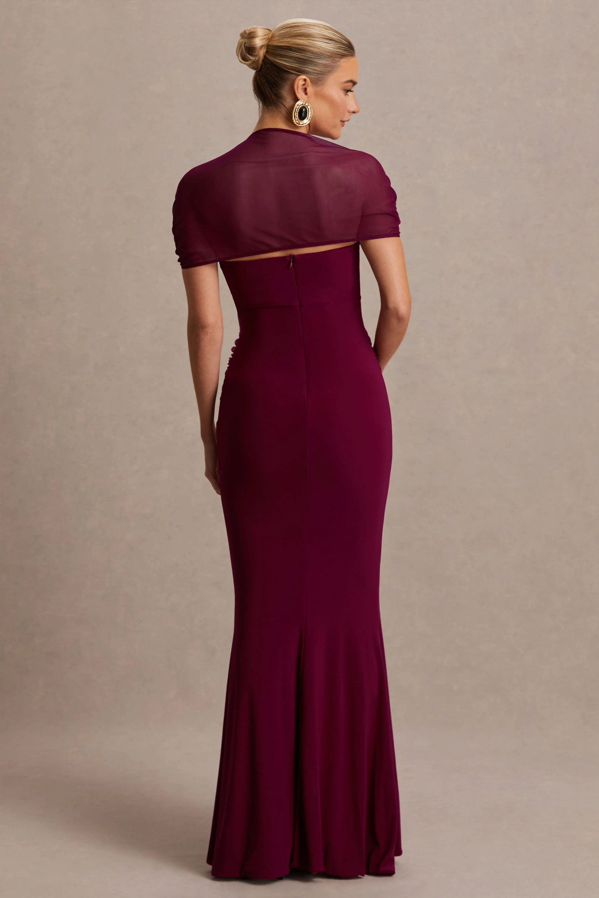 Dome | Burgundy Vierkante Hals Zwangerschap Maxi Jurk Met Mesh Mouwen - Image 2