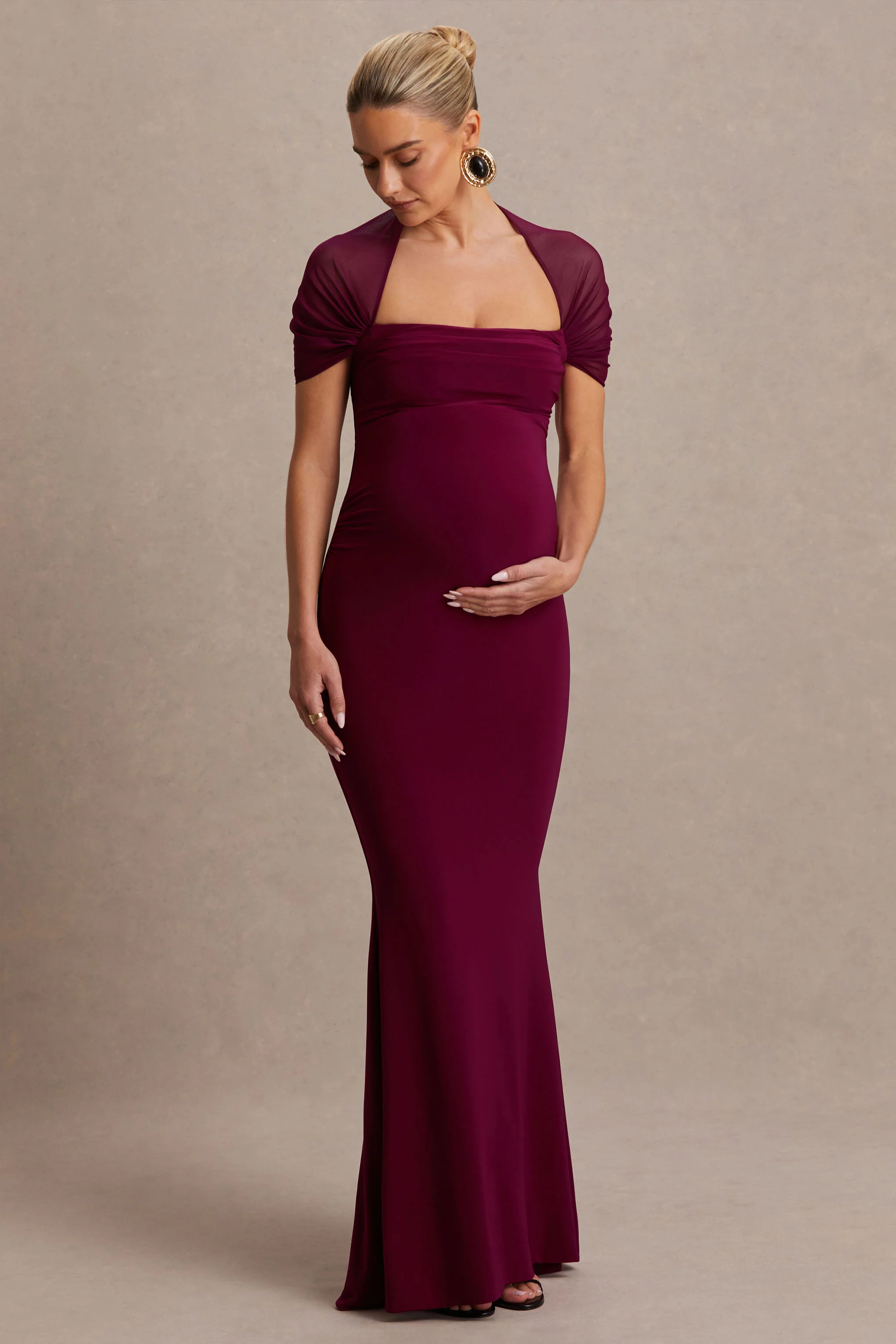 Dome | Burgundy Vierkante Hals Zwangerschap Maxi Jurk Met Mesh Mouwen - Image 4