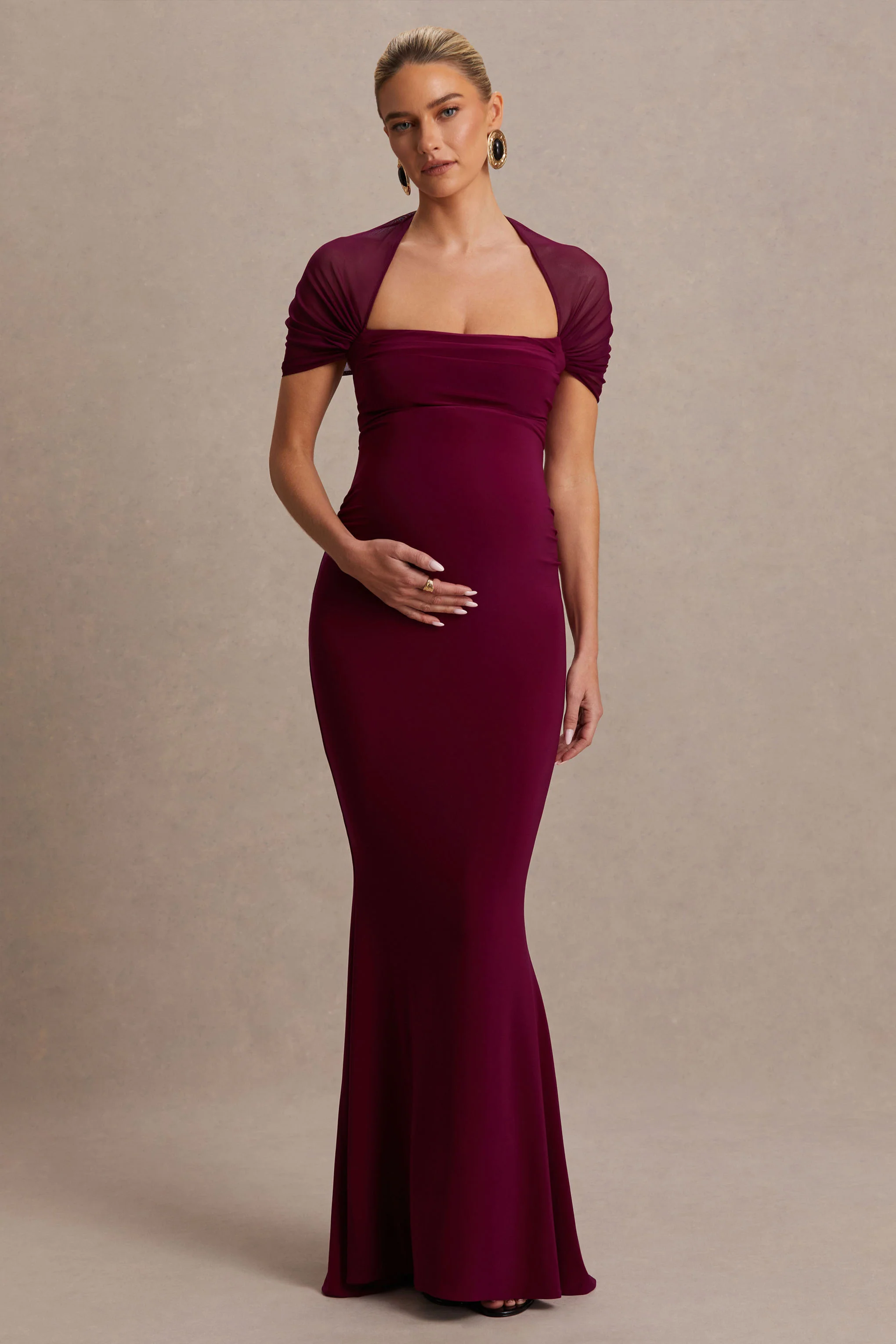 Dome | Burgundy Vierkante Hals Zwangerschap Maxi Jurk Met Mesh Mouwen - Image 5