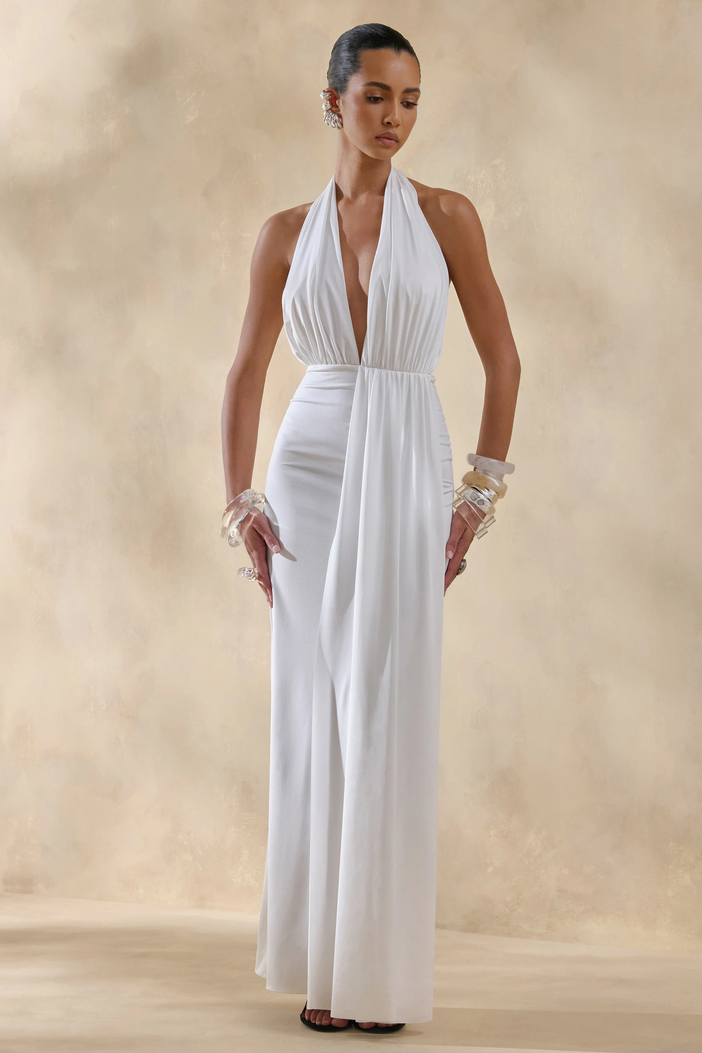 Doria | Witte Diepe V-Hals Maxi Jurk