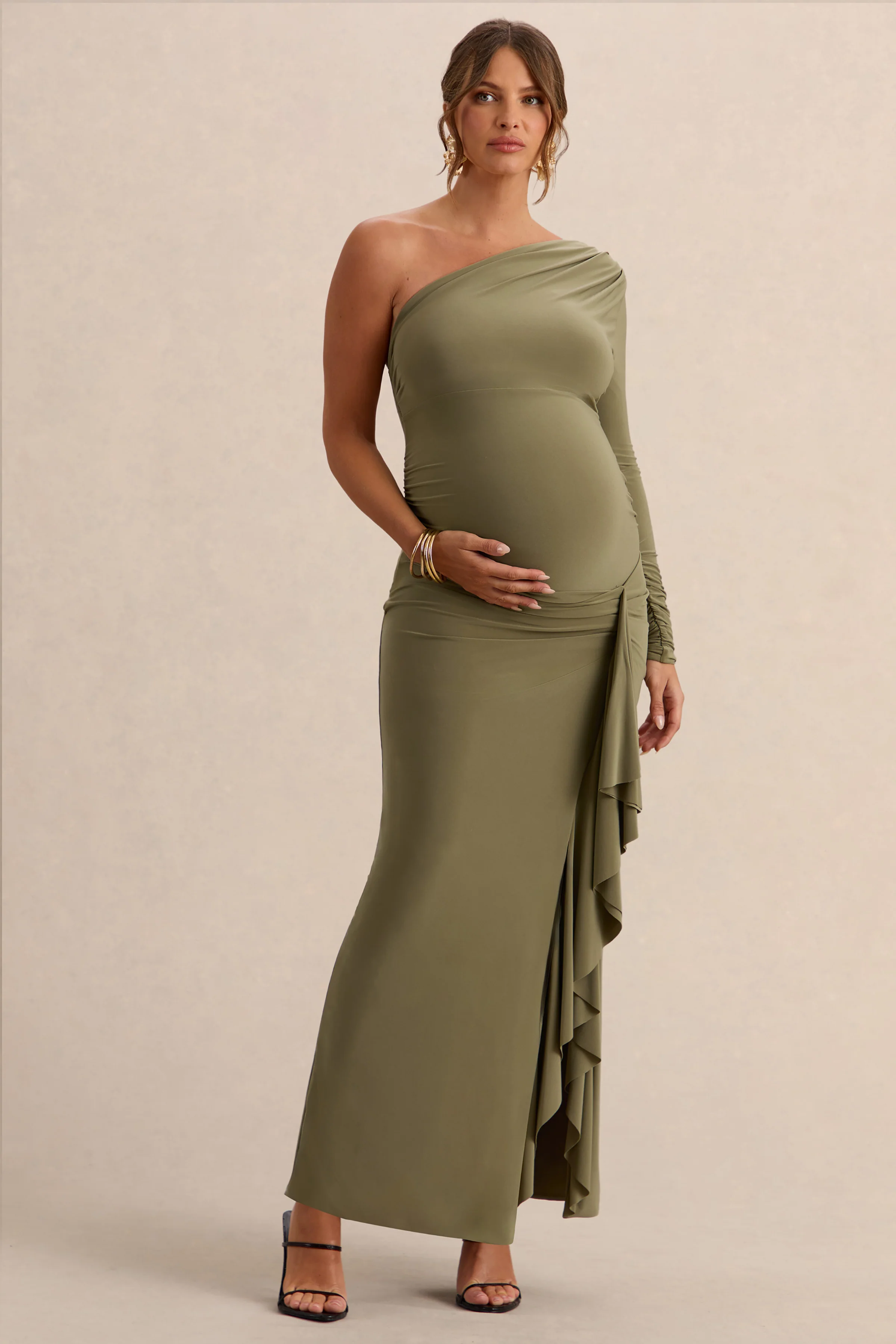 Drusilla | Olijfgroene Asymmetrische Hals Zwangerschap Maxi Jurk Met Geplooide Details