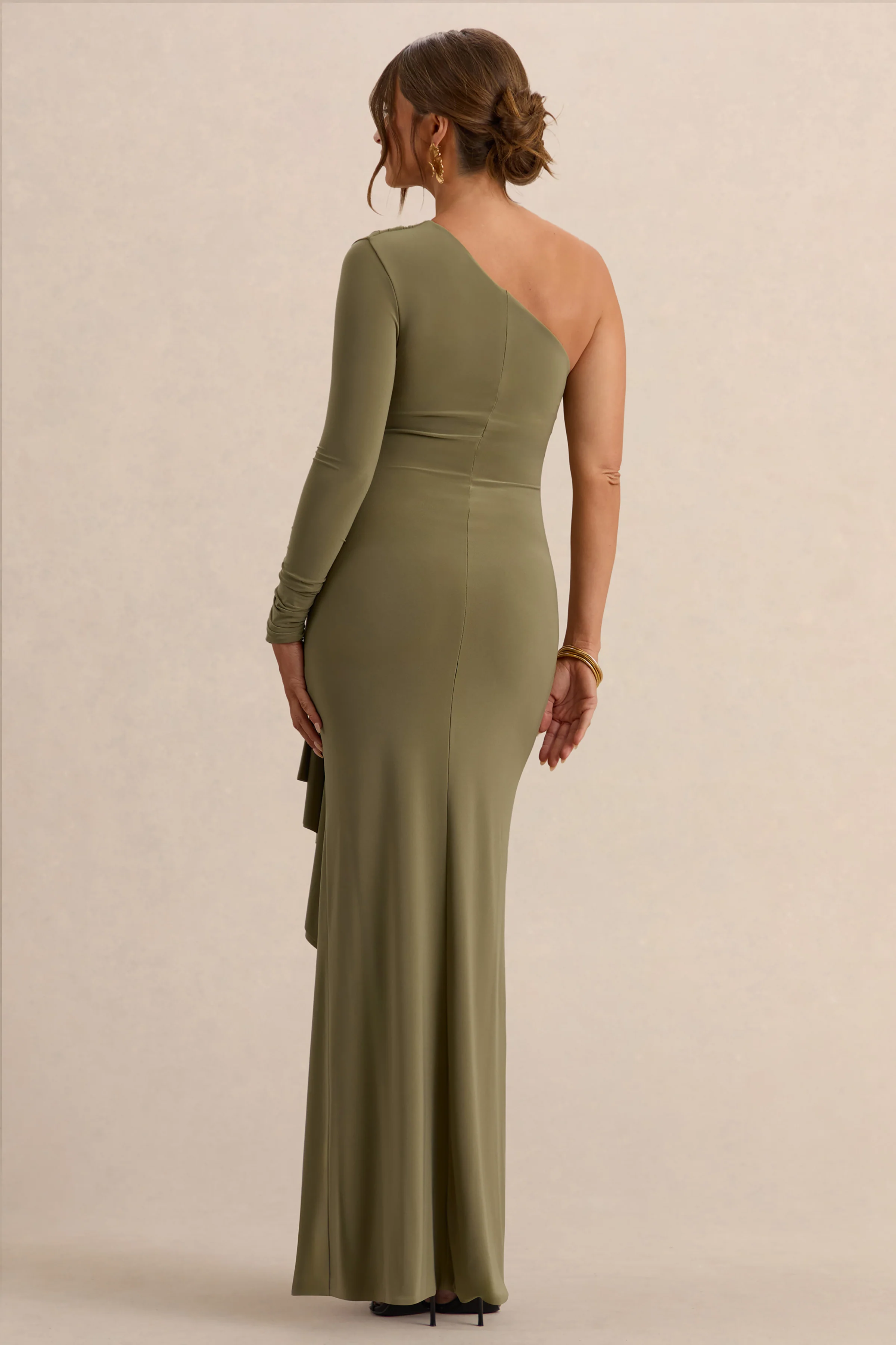 Drusilla | Olijfgroene Asymmetrische Hals Zwangerschap Maxi Jurk Met Geplooide Details - Image 2