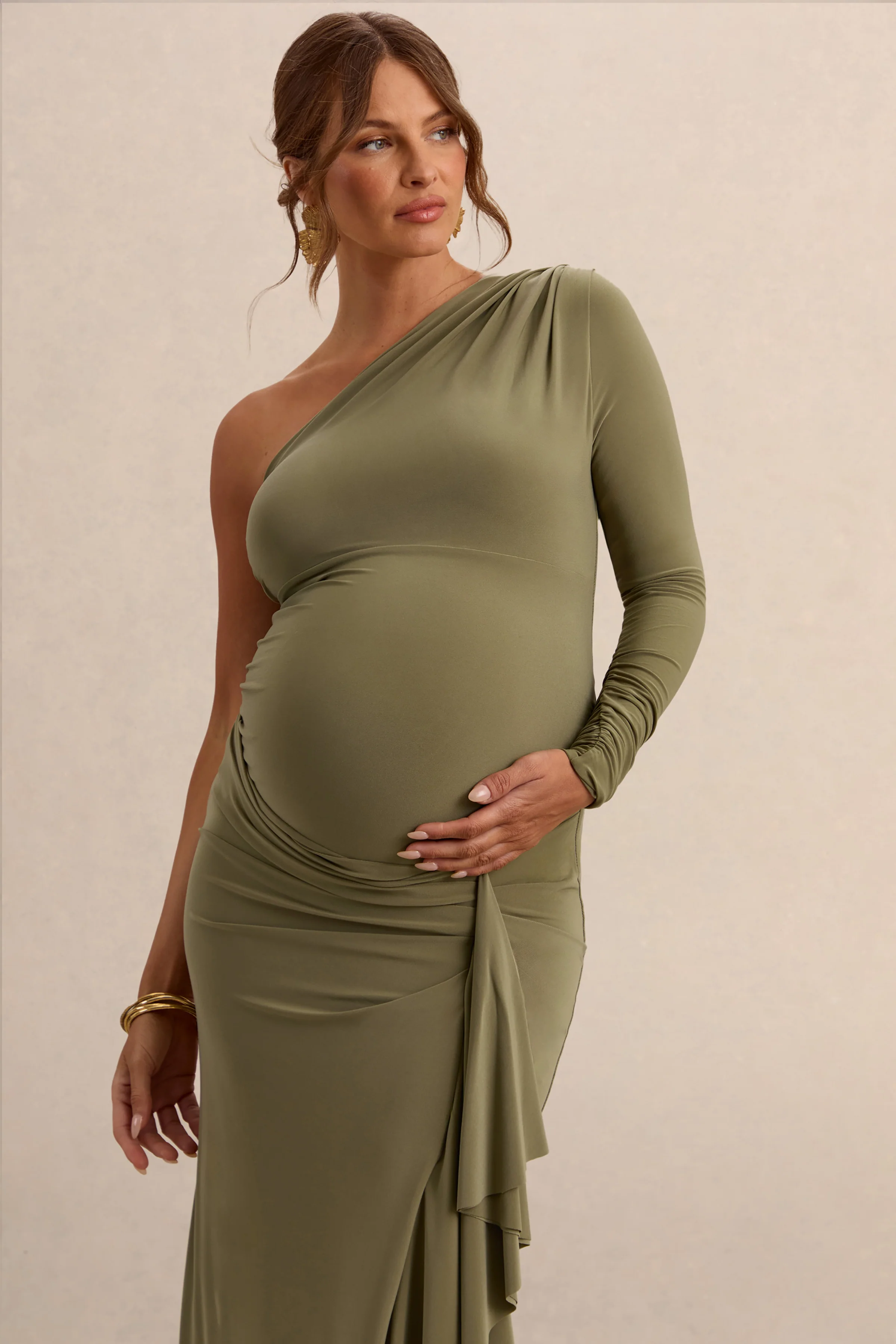 Drusilla | Olijfgroene Asymmetrische Hals Zwangerschap Maxi Jurk Met Geplooide Details - Image 3