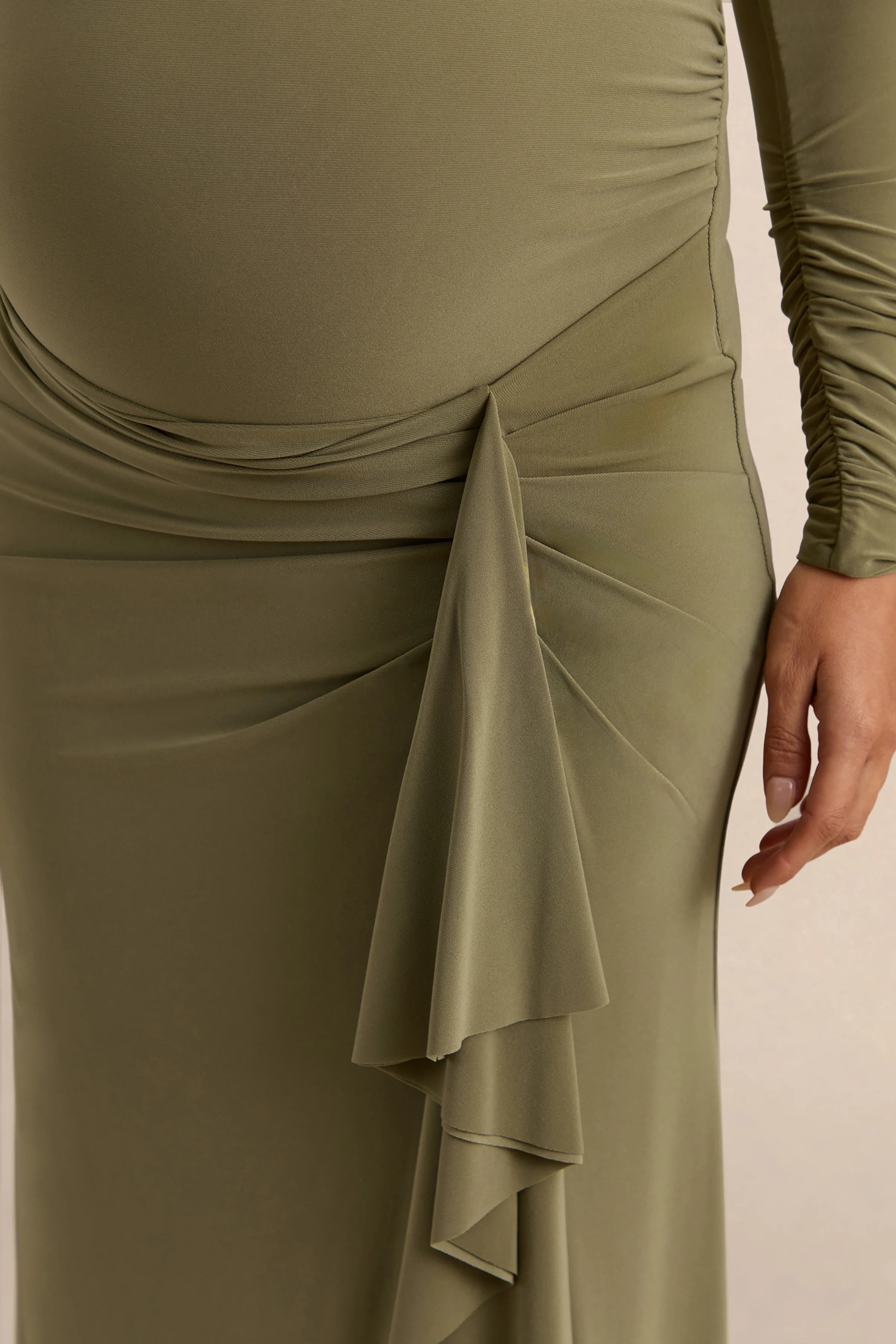 Drusilla | Olijfgroene Asymmetrische Hals Zwangerschap Maxi Jurk Met Geplooide Details - Image 4