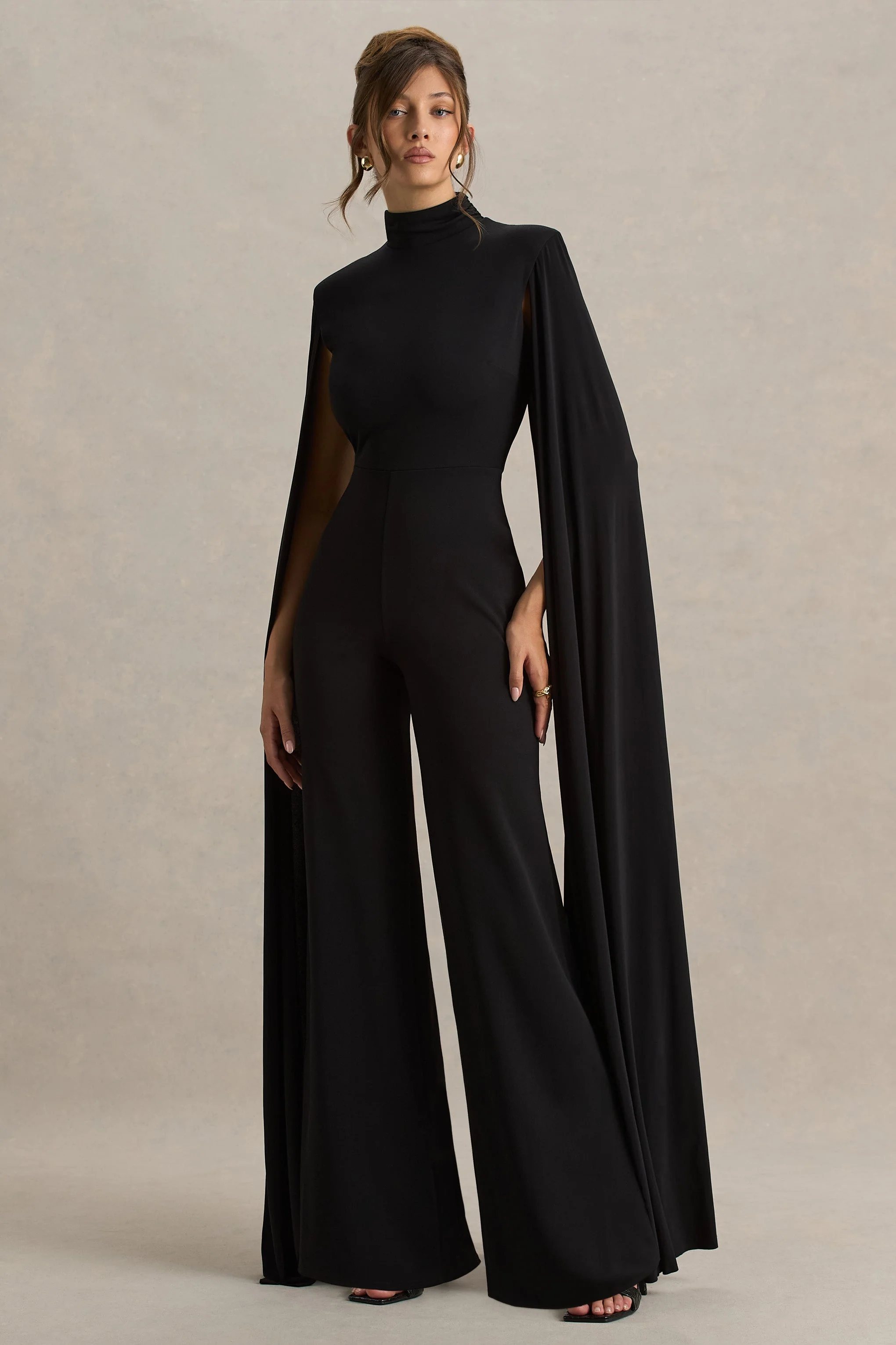 Dulcet | Zwarte Hoge Nek Jumpsuit Met Cape-mouwen