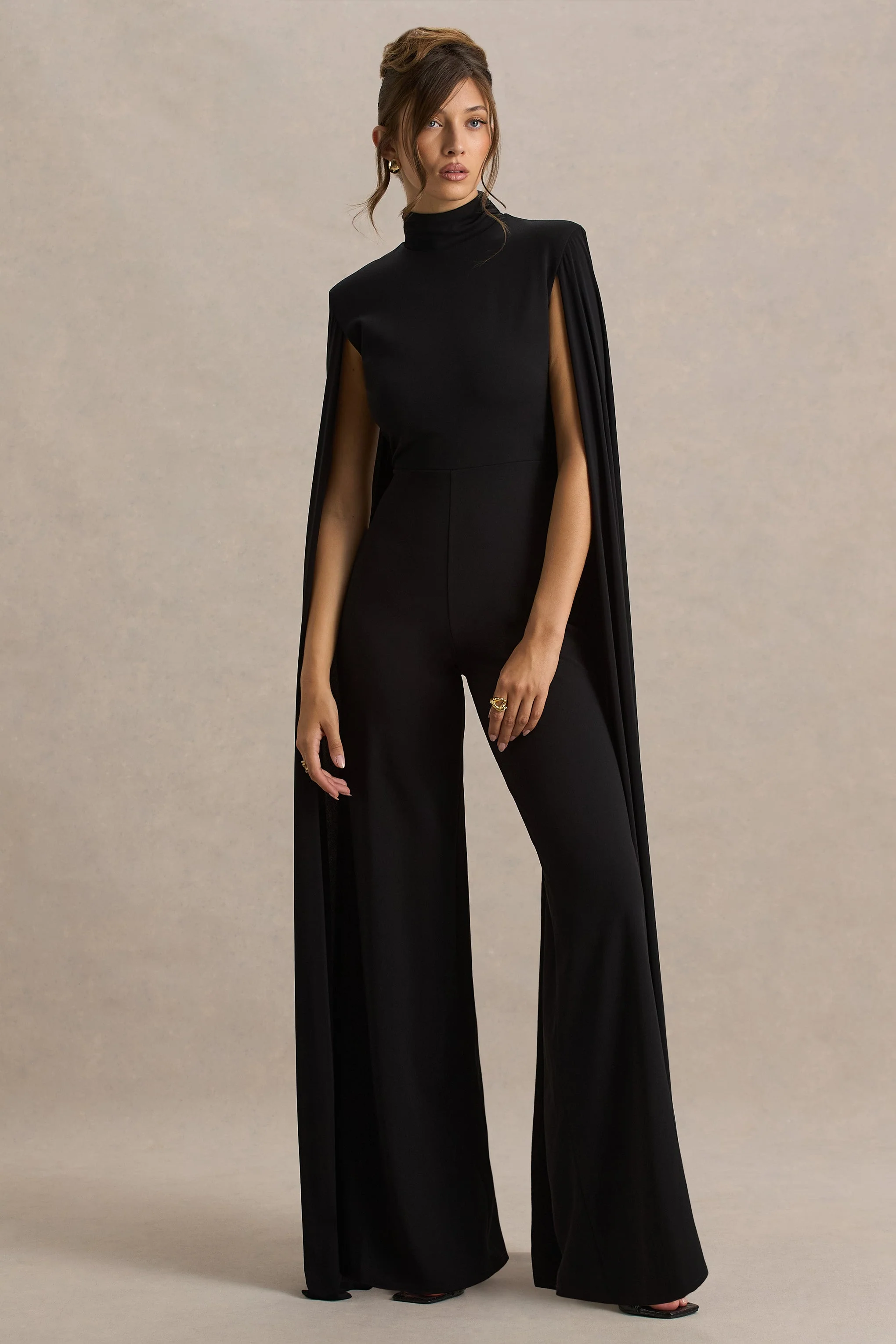 Dulcet | Zwarte Hoge Nek Jumpsuit Met Cape-mouwen - Image 5
