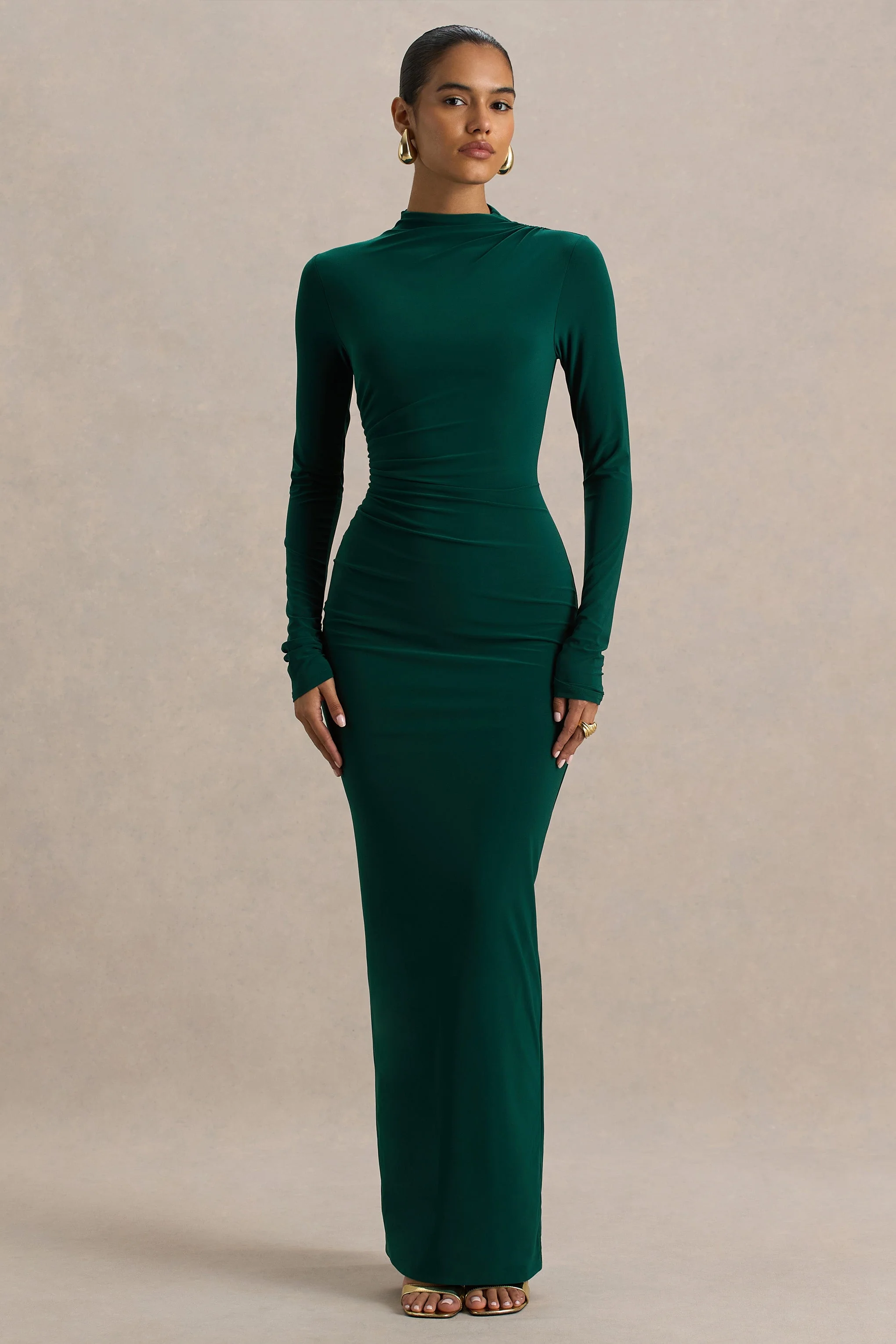 Eden | Flessengroene Hoge Hals Maxi Jurk Met Gerimpeld Details