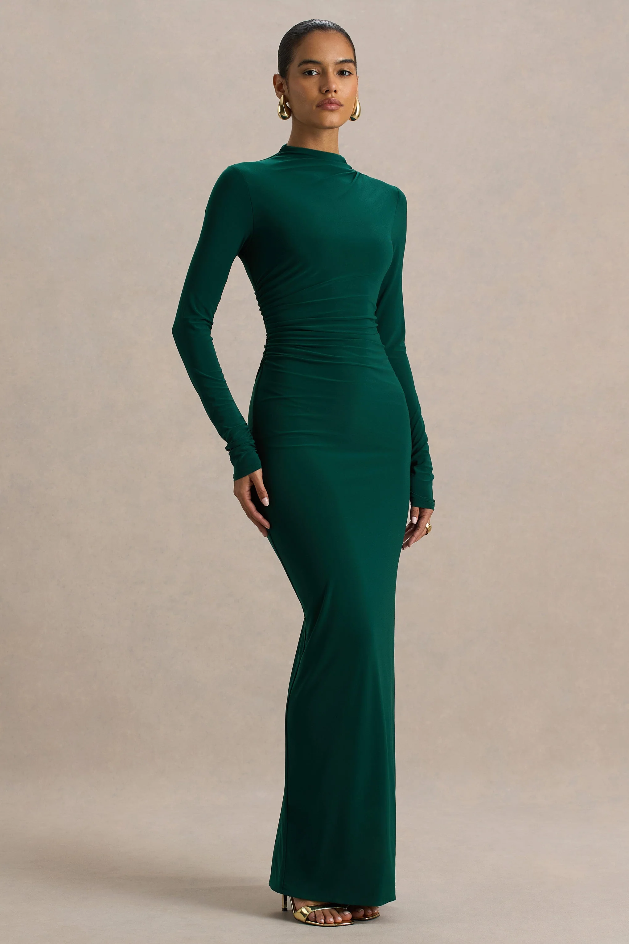 Eden | Flessengroene Hoge Hals Maxi Jurk Met Gerimpeld Details - Image 3