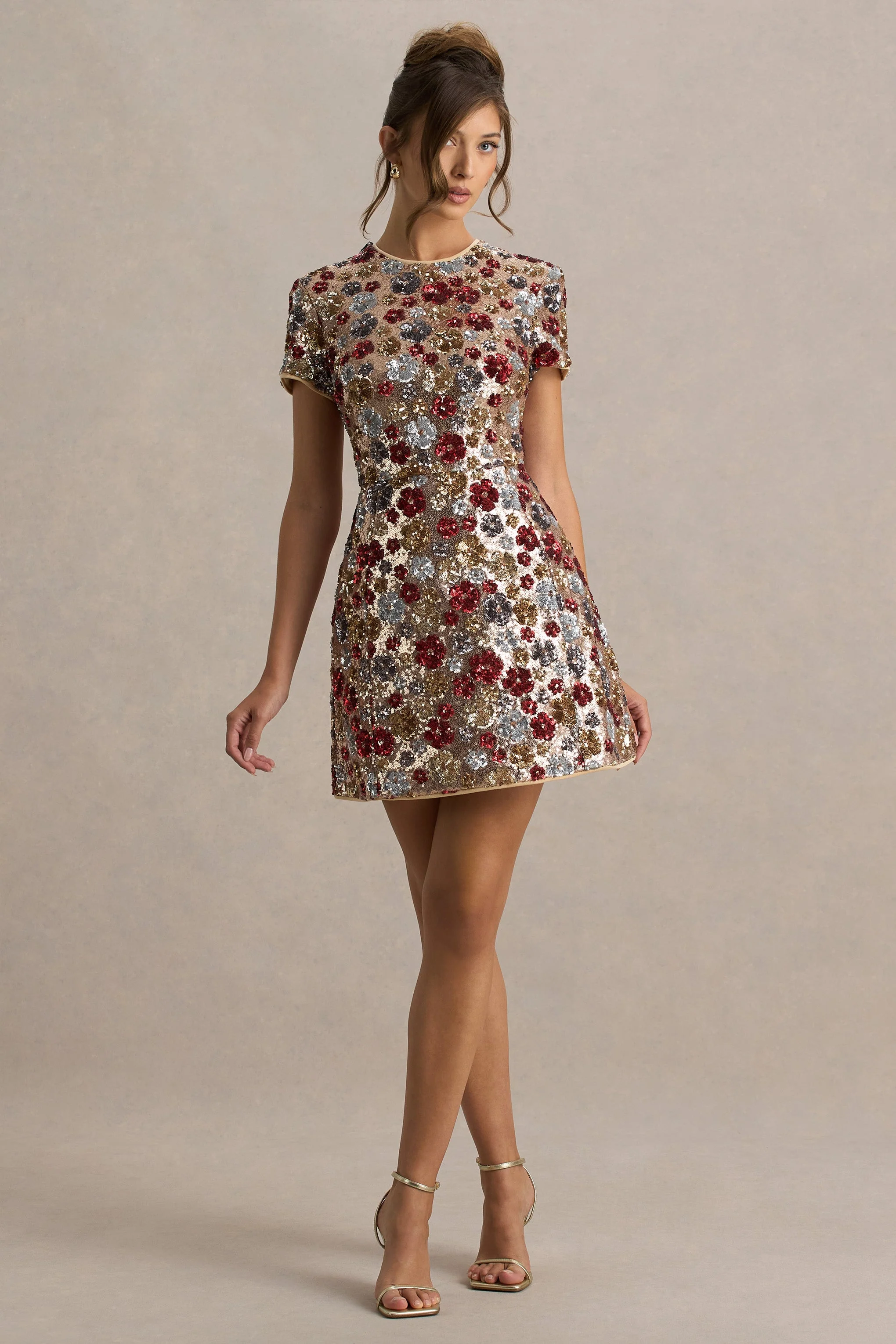 Eira | Rode bloemen Pailletten Versierde Mini Jurk Met Ronde Hals - Image 4