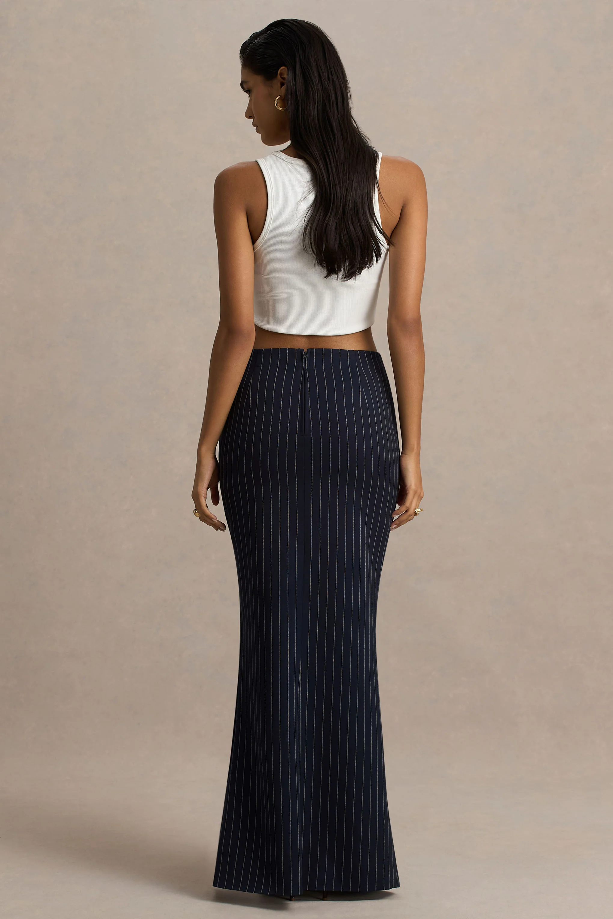 Elana | Marineblauwe Pinstripe Maxi Rok Met Hoge Voorsplit - Image 3