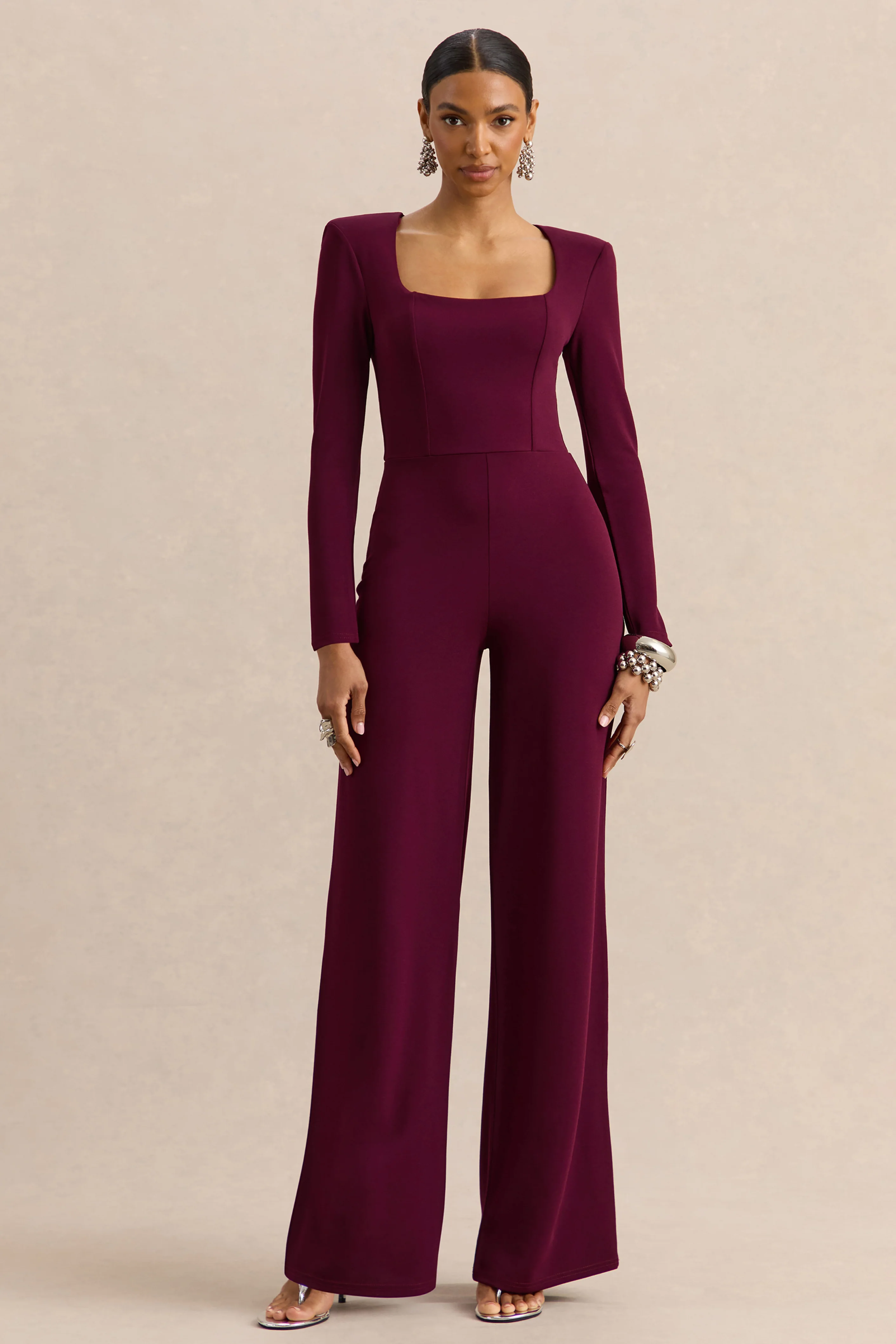 Elasse | Bordeaux Jumpsuit Met Vierkante Hals