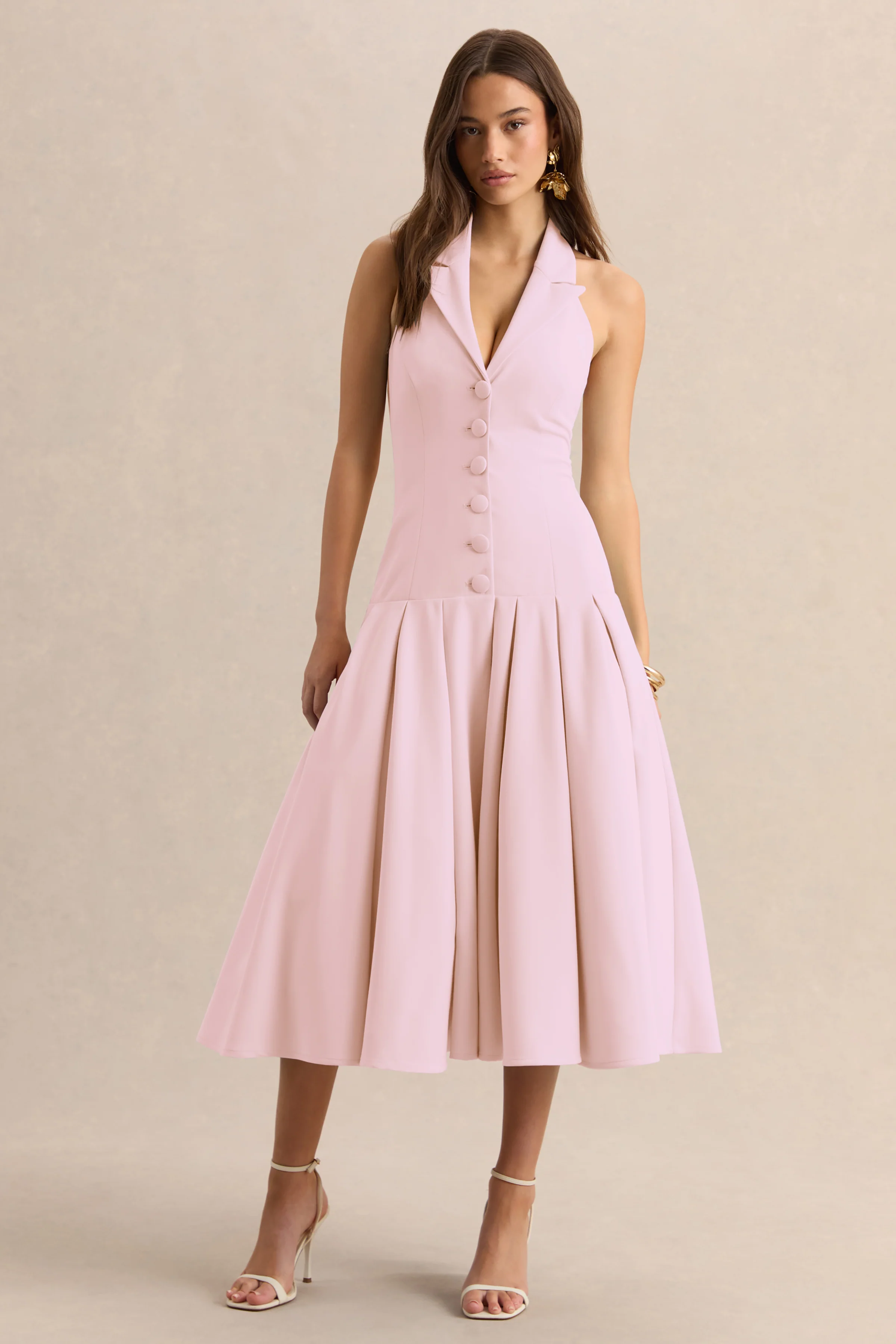 Elise | Licht Roze Diepe V-Hals Midi Jurk Met verlaagde Taille