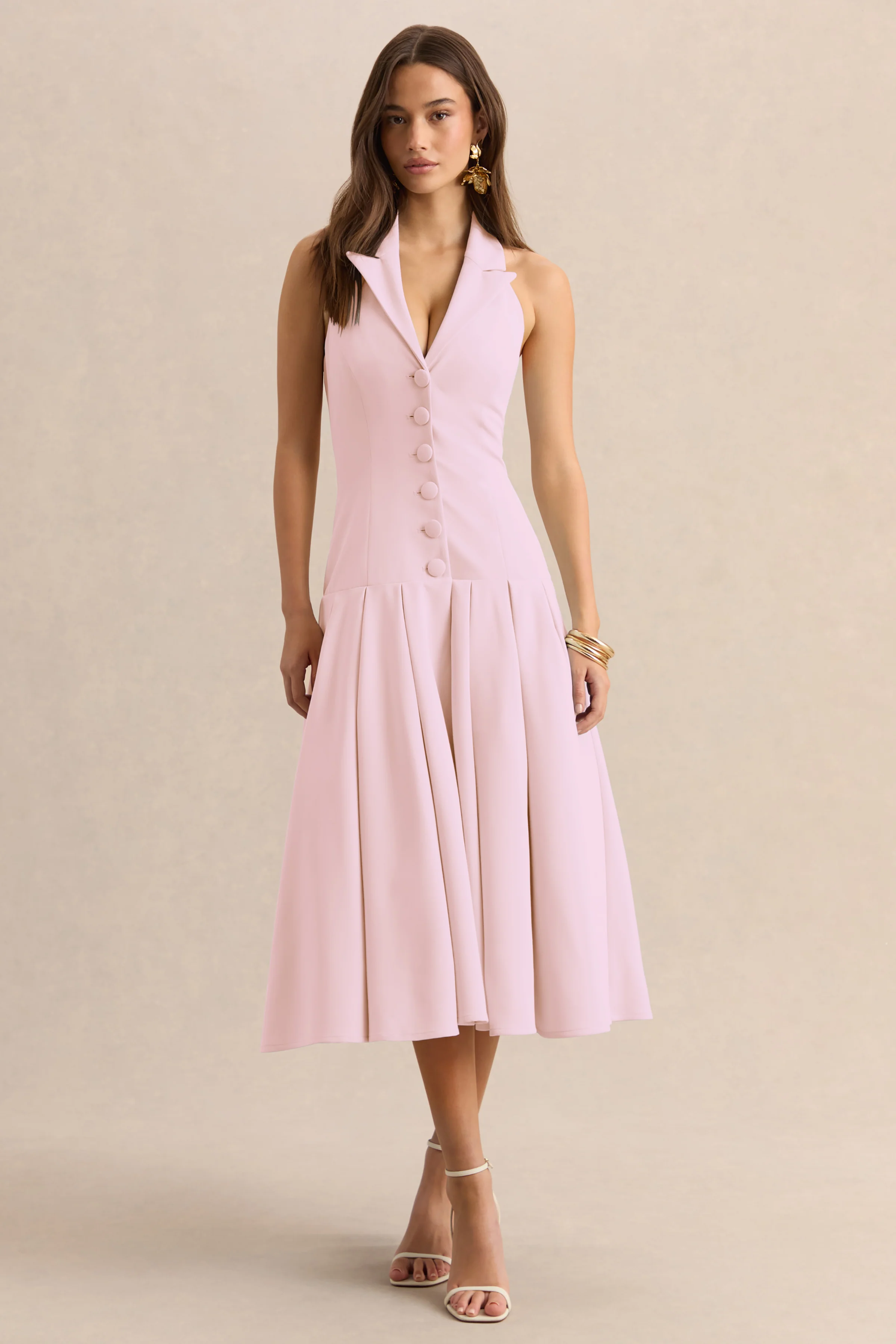 Elise | Licht Roze Diepe V-Hals Midi Jurk Met verlaagde Taille - Image 5