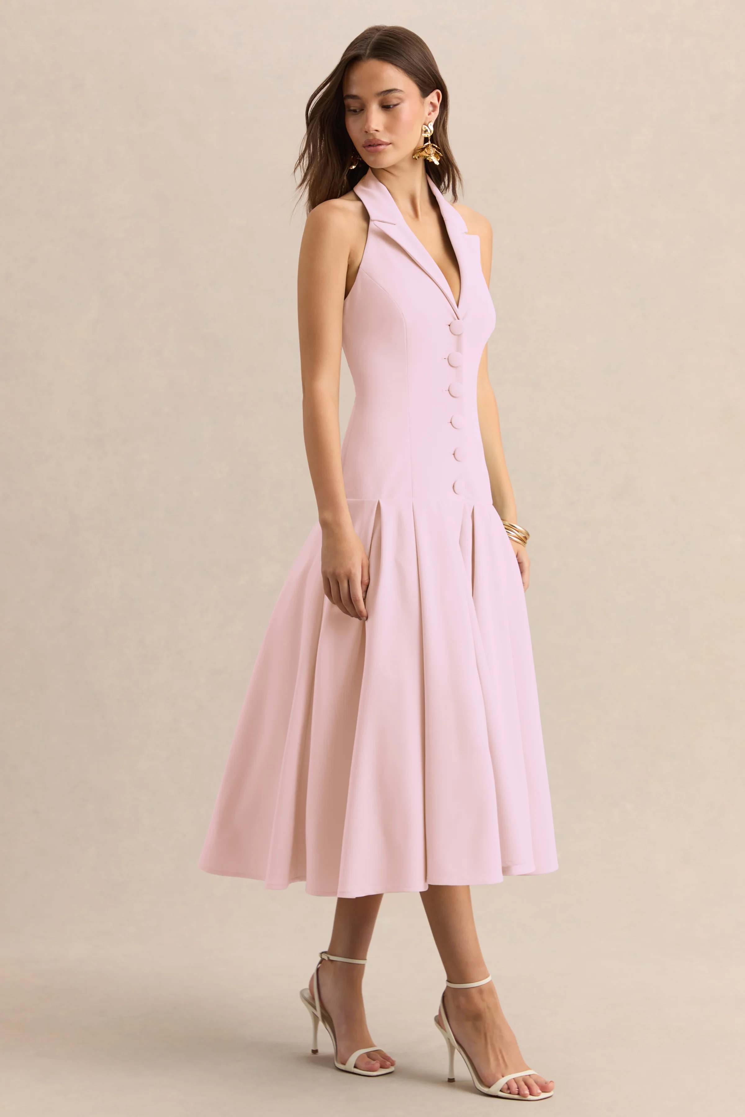 Elise | Licht Roze Diepe V-Hals Midi Jurk Met verlaagde Taille - Image 6