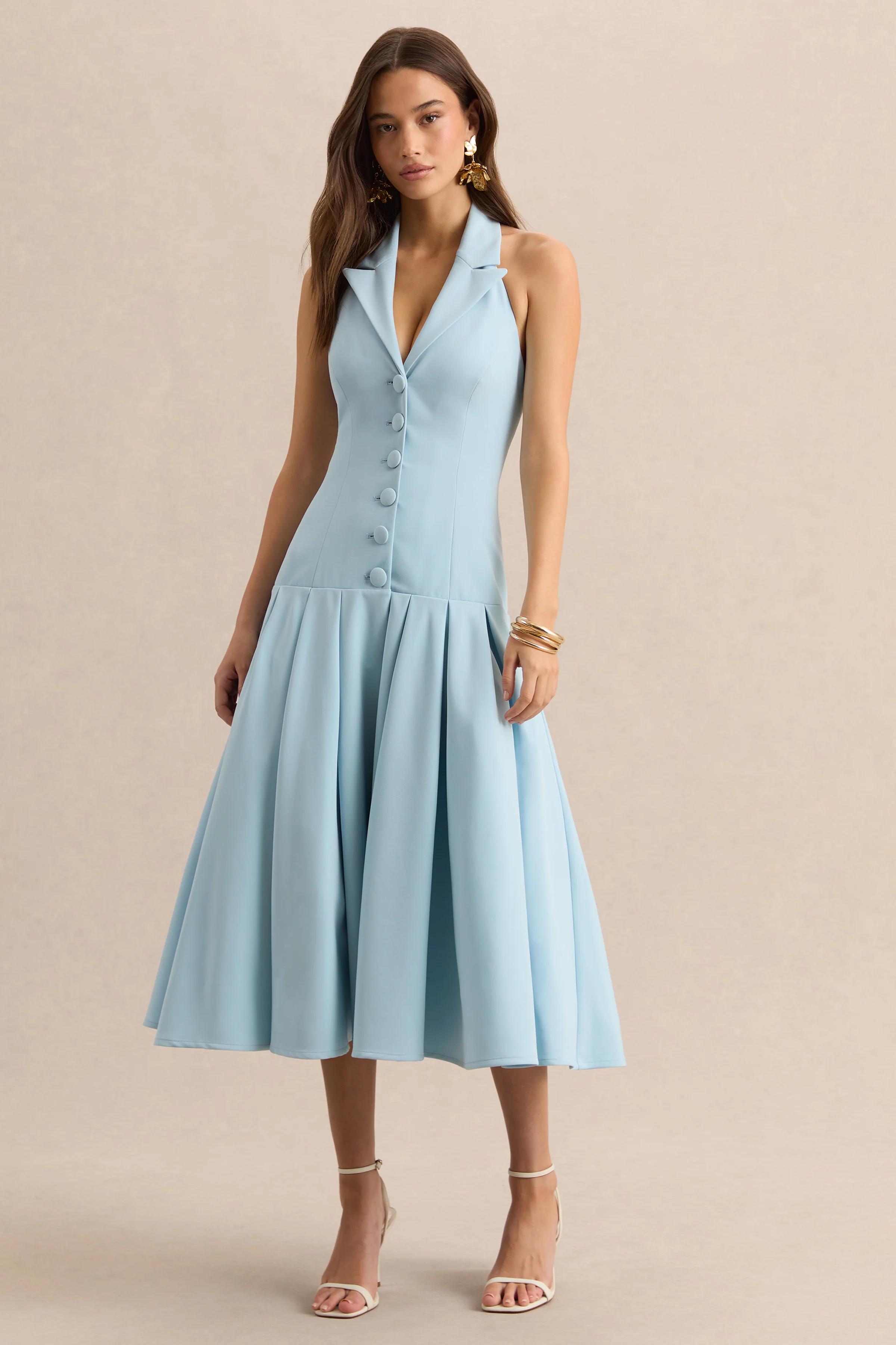 Elise | Lichtblauwe Diepe V-Hals Midi Jurk Met verlaagde Taille