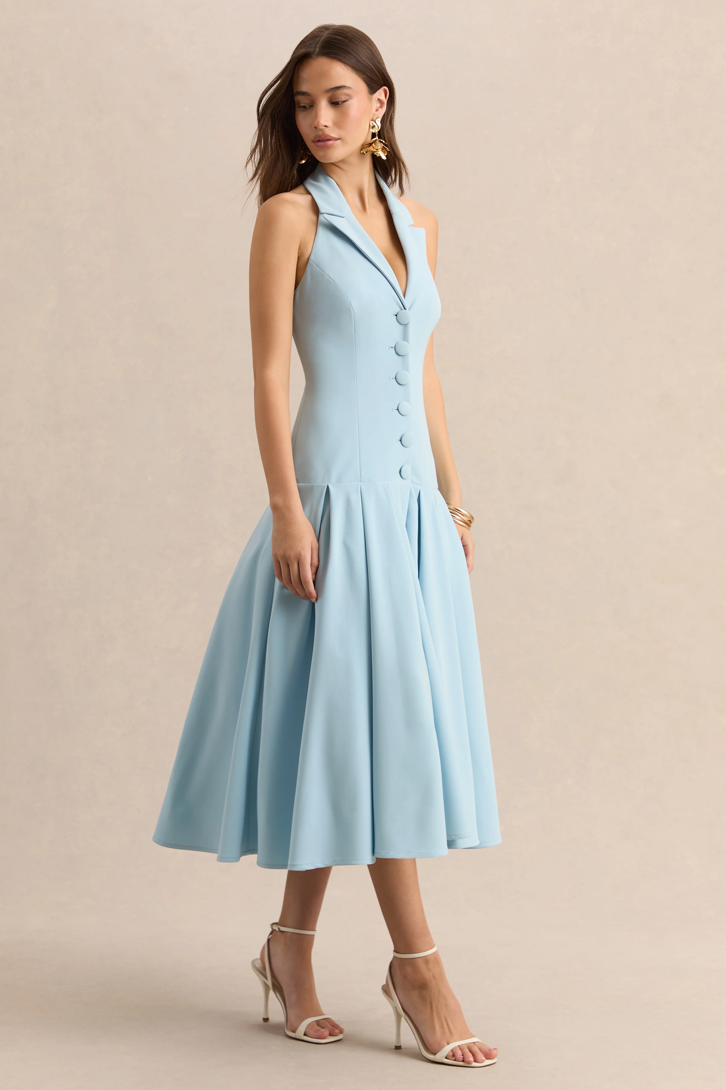 Elise | Lichtblauwe Diepe V-Hals Midi Jurk Met verlaagde Taille - Image 4