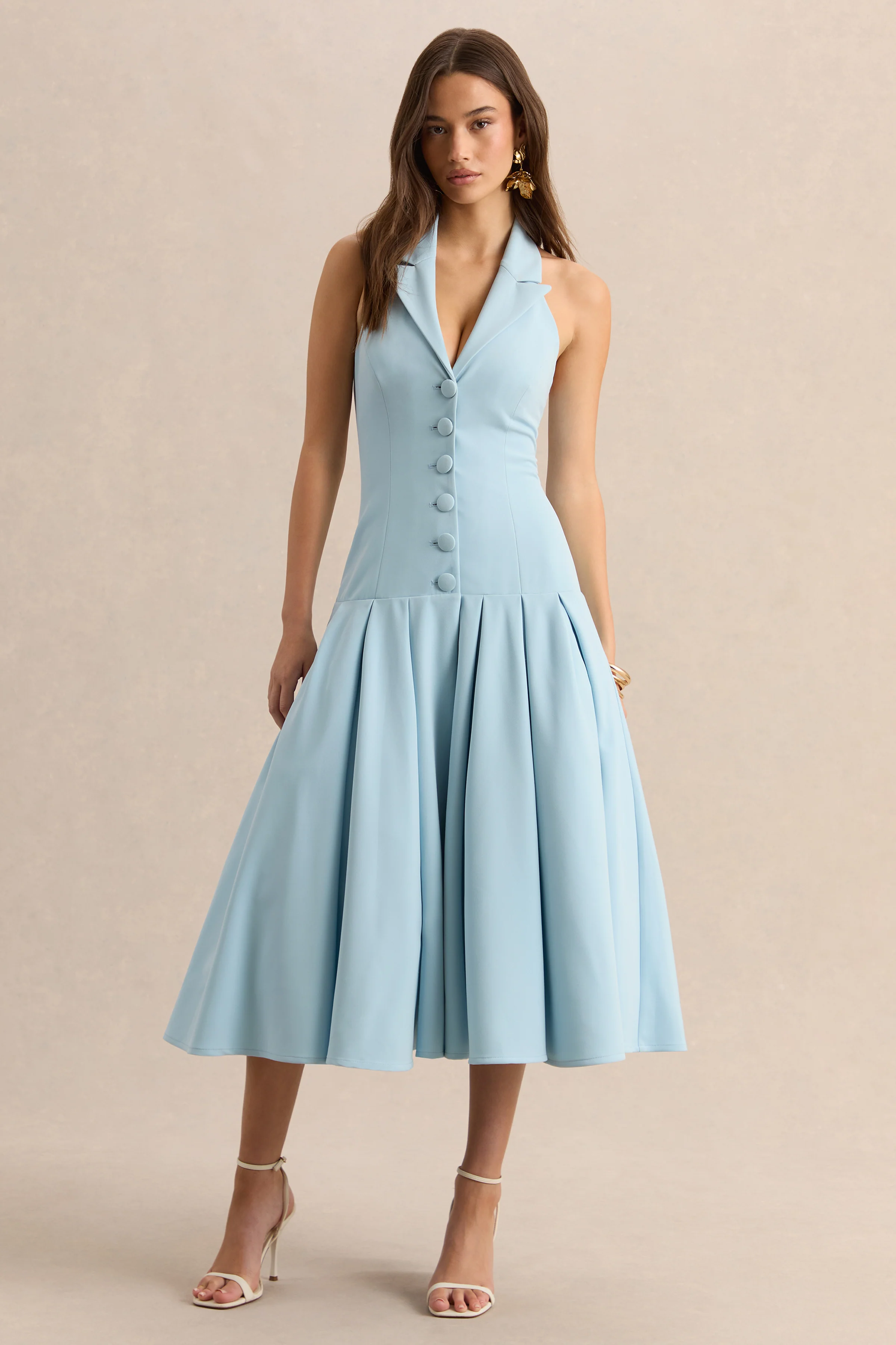 Elise | Lichtblauwe Diepe V-Hals Midi Jurk Met verlaagde Taille - Image 5