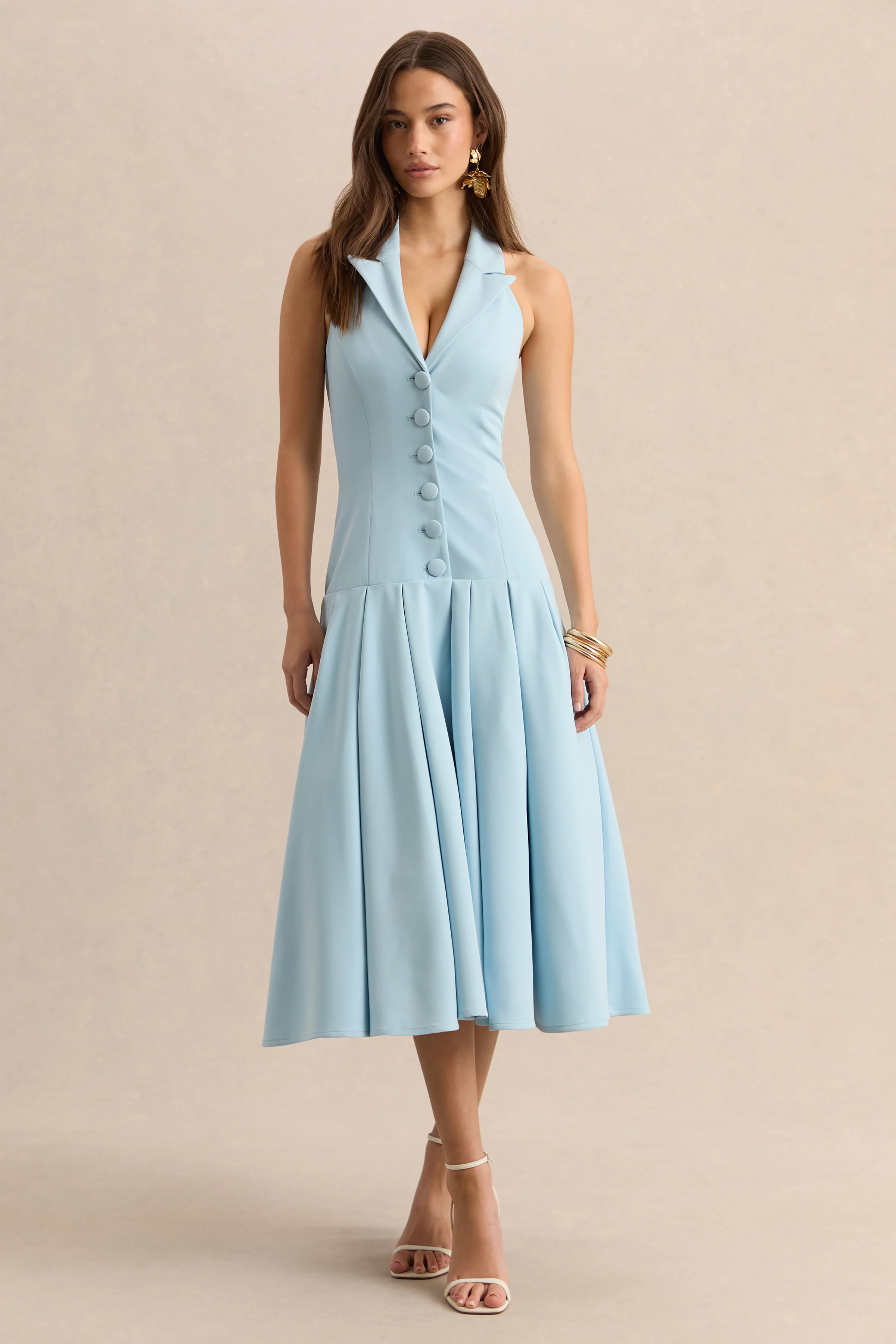 Elise | Lichtblauwe Diepe V-Hals Midi Jurk Met verlaagde Taille - Image 6