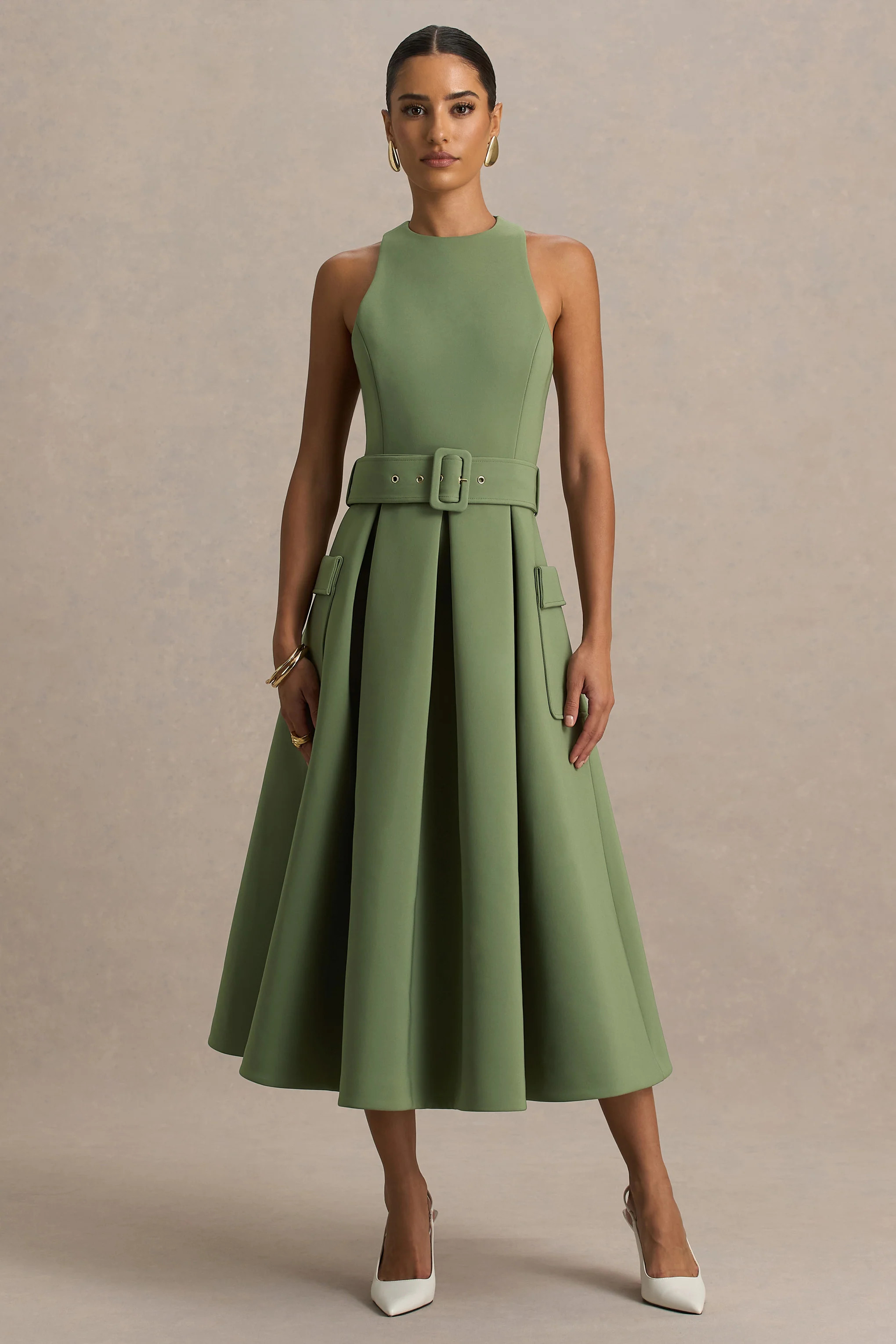 Elisia | Olijfgroene Ronde Hals Midi Jurk Met Riem