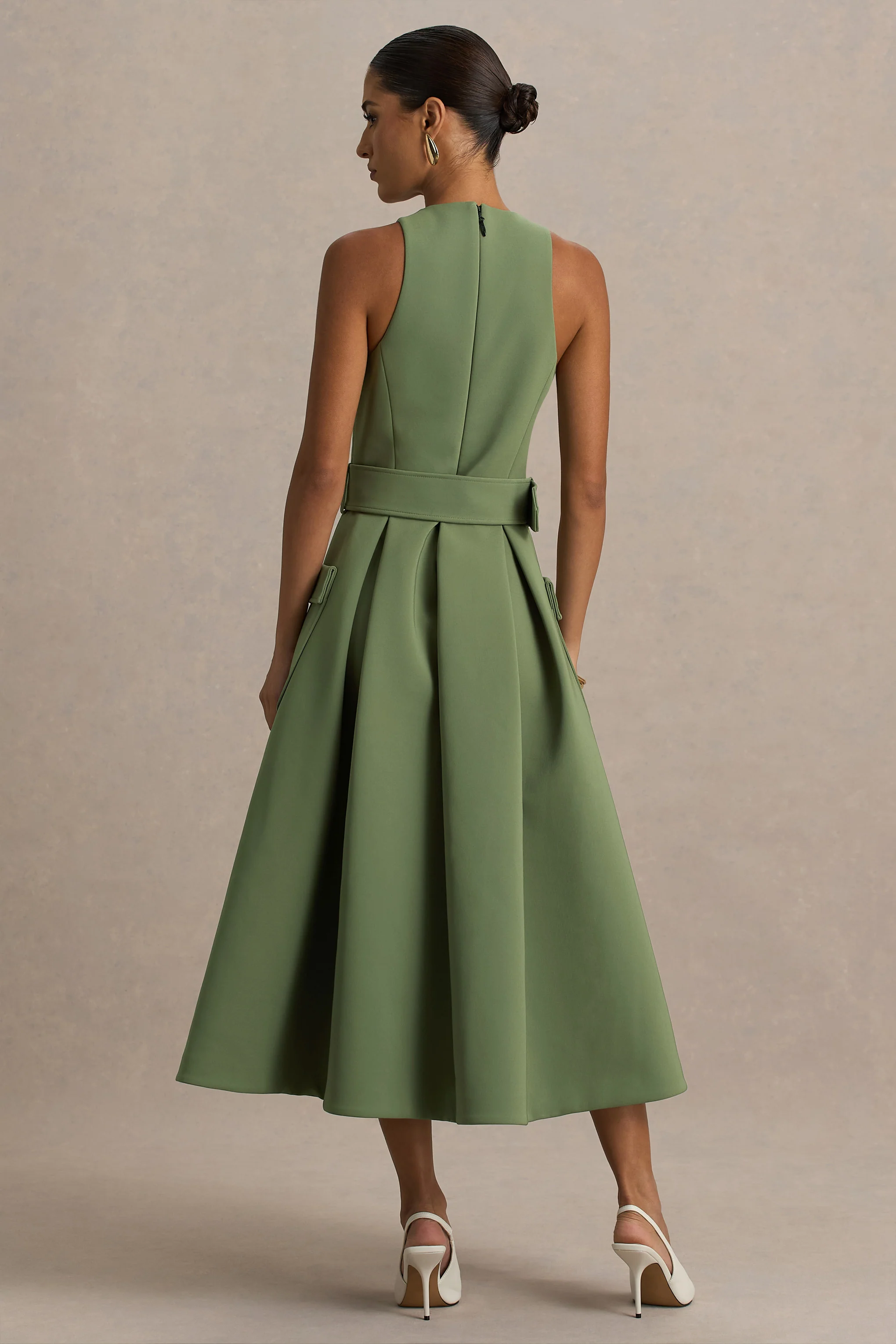 Elisia | Olijfgroene Ronde Hals Midi Jurk Met Riem - Image 2
