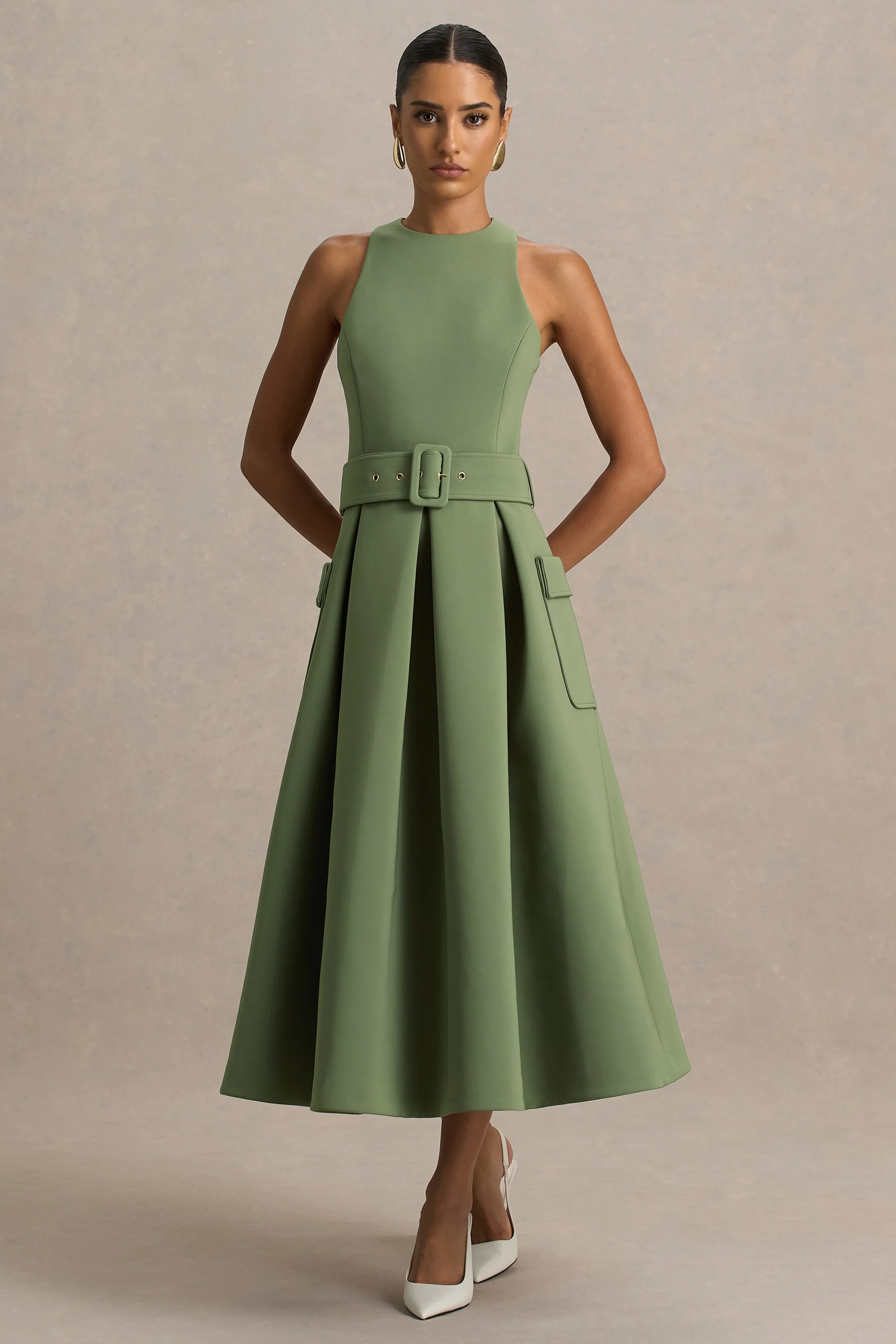 Elisia | Olijfgroene Ronde Hals Midi Jurk Met Riem - Image 3