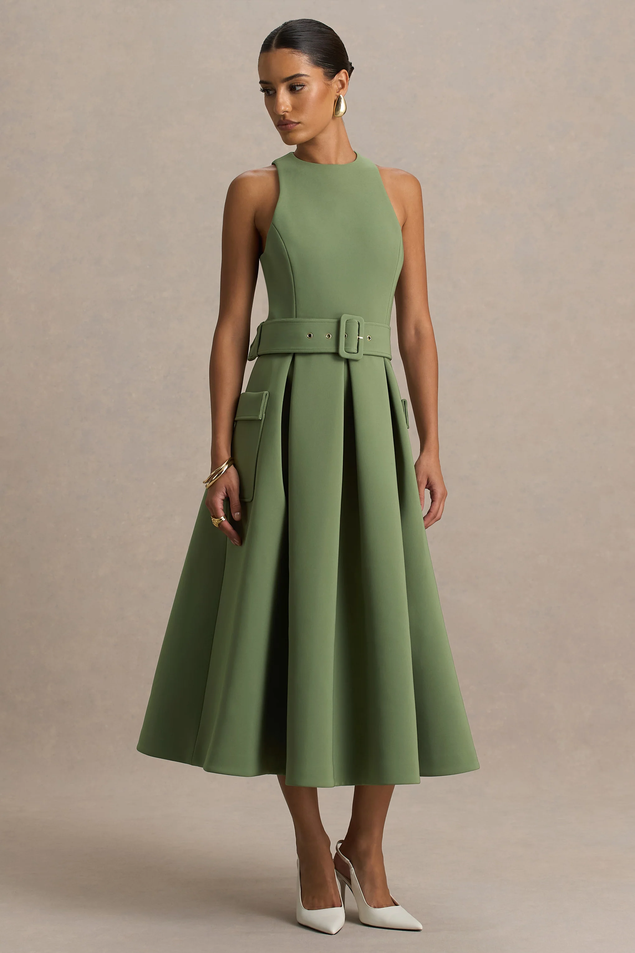 Elisia | Olijfgroene Ronde Hals Midi Jurk Met Riem - Image 5