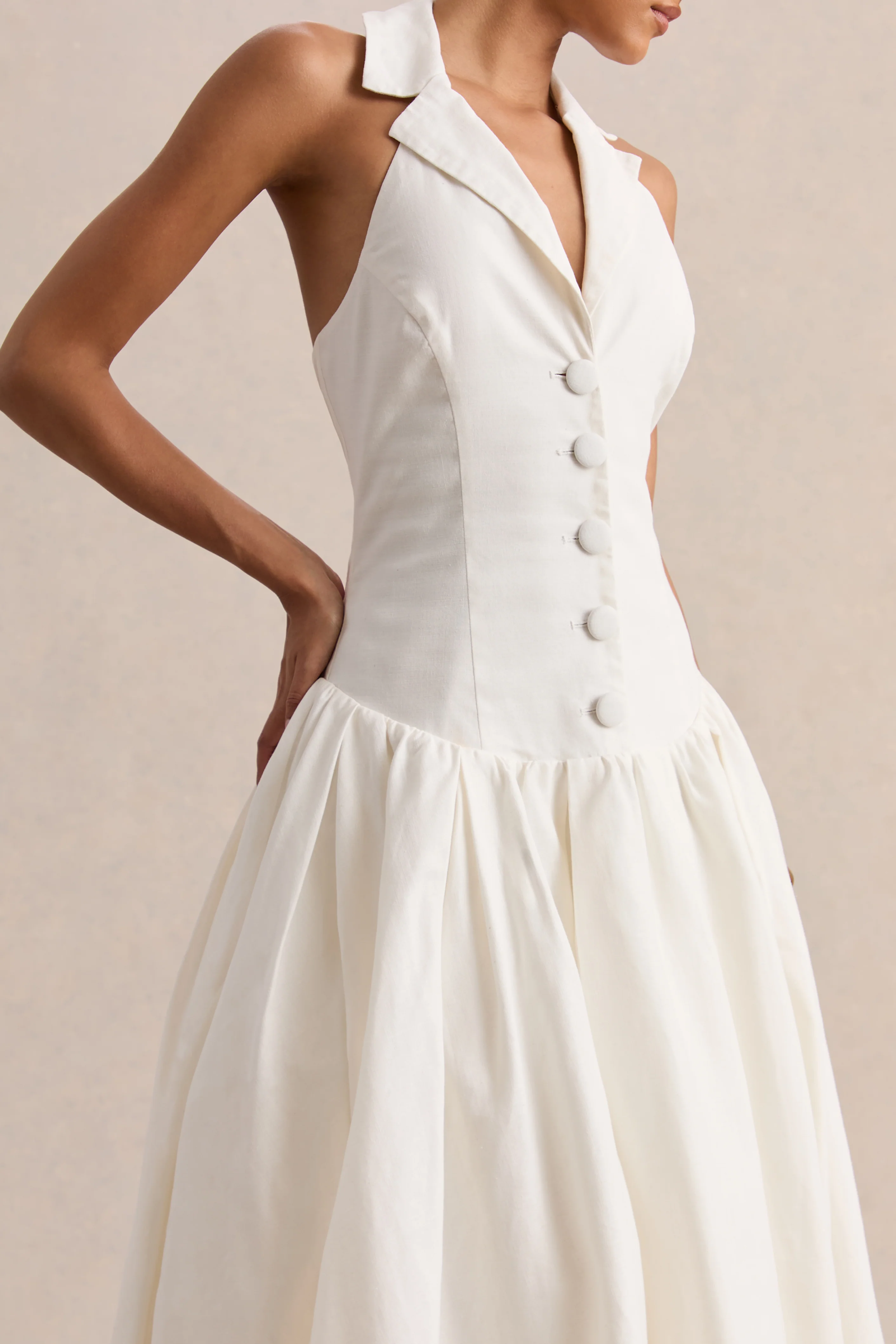 Ella | Witte Diepe V-Hals Midi Jurk Met verlaagde Taille - Image 5