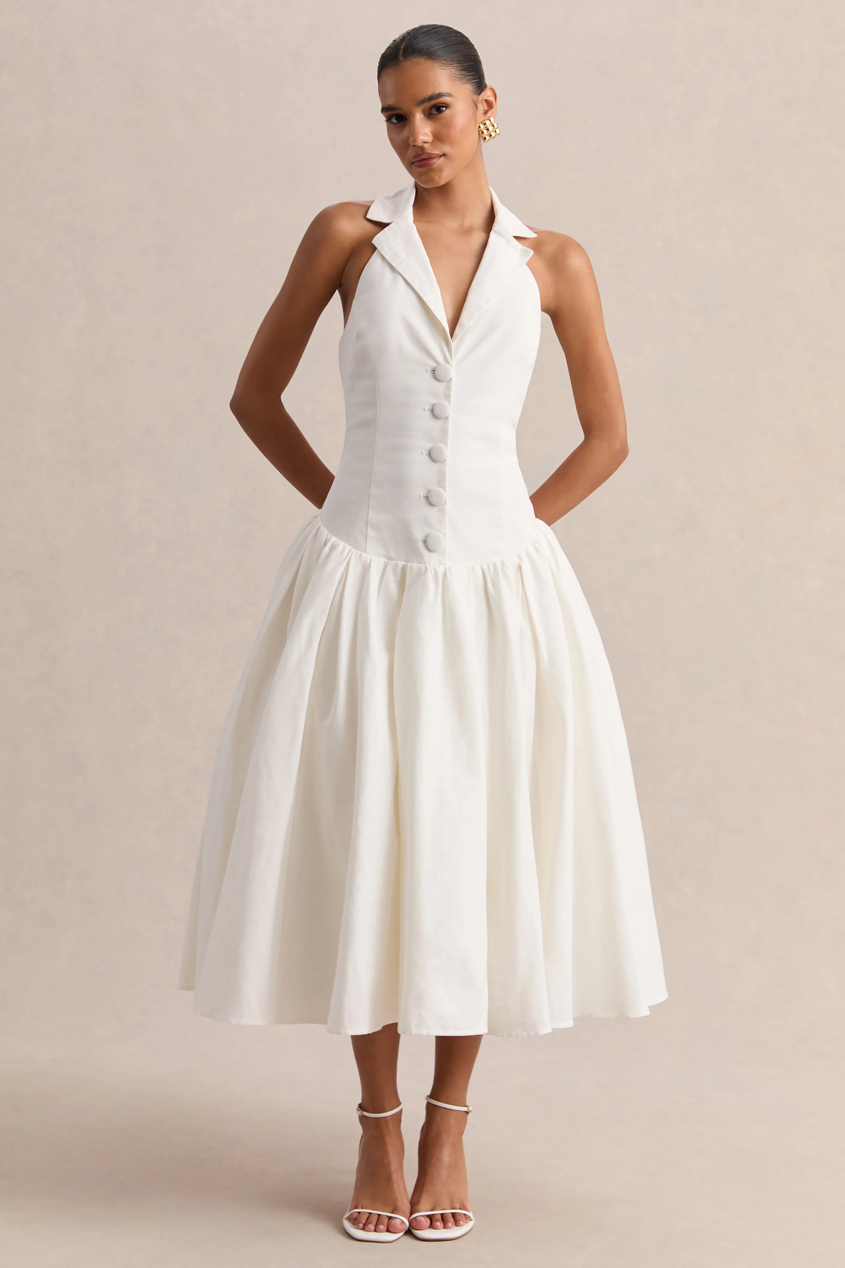 Ella | Witte Diepe V-Hals Midi Jurk Met verlaagde Taille - Image 6