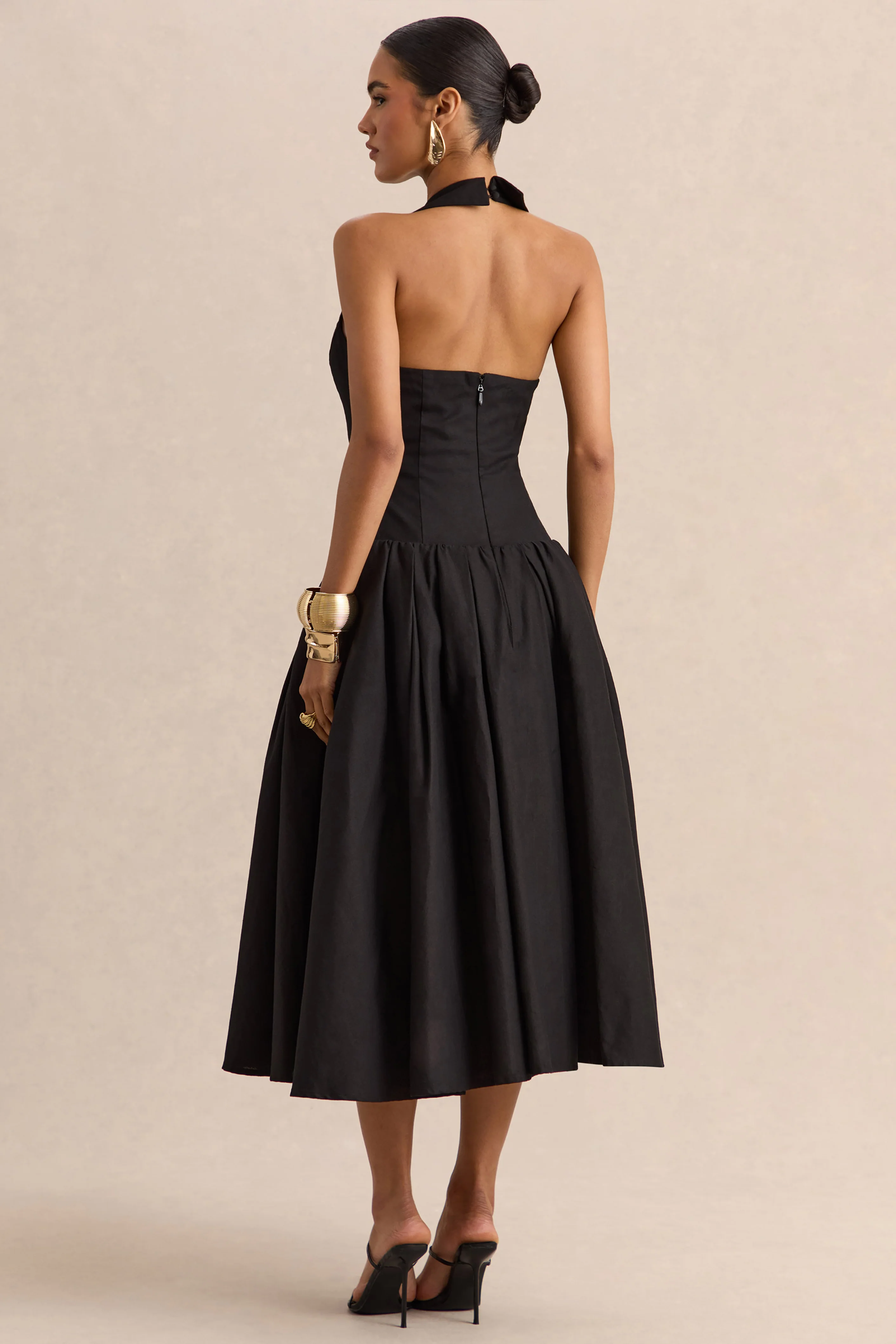 Ella | Zwarte Diepe V-Hals Midi Jurk Met verlaagde Taille - Image 2