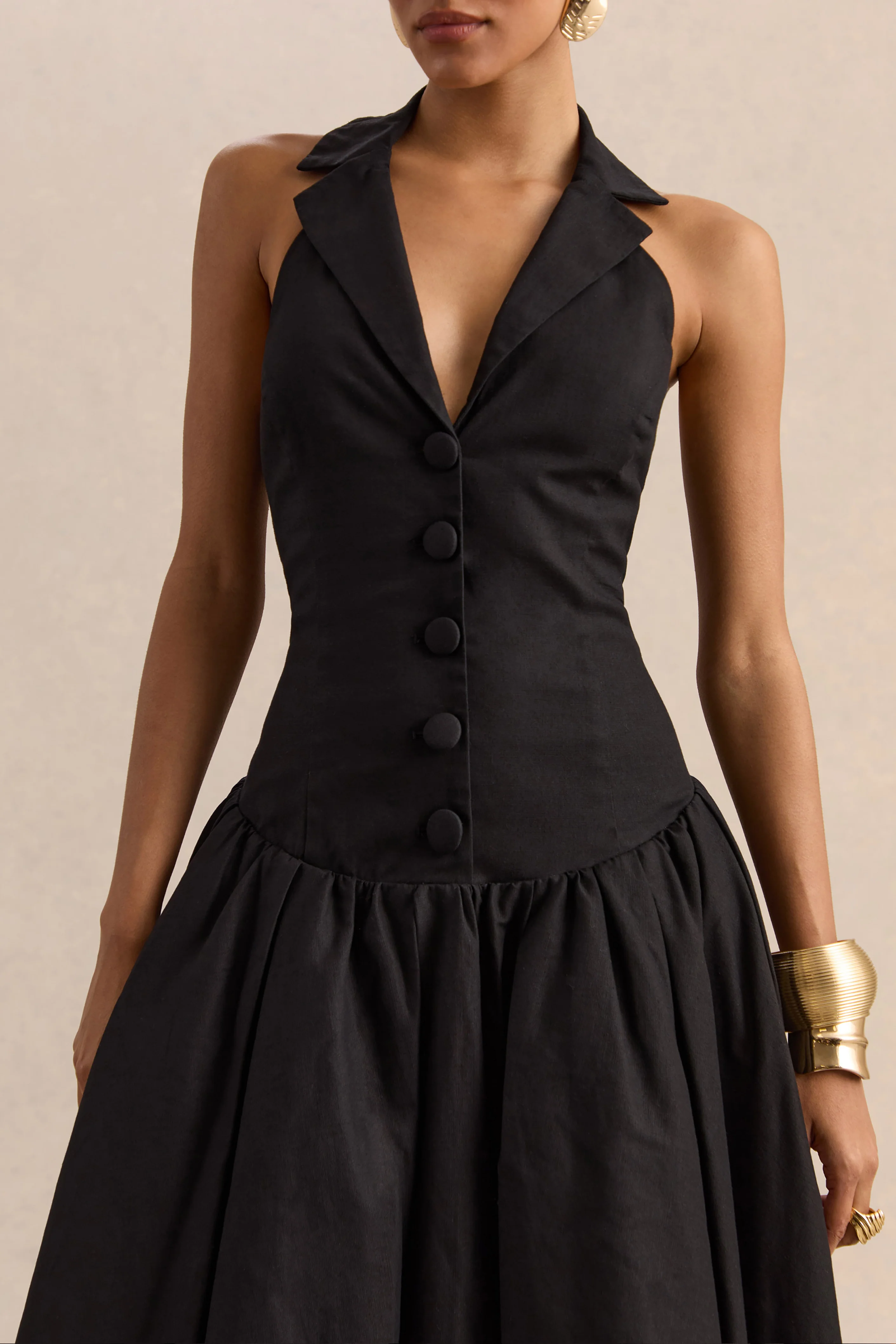 Ella | Zwarte Diepe V-Hals Midi Jurk Met verlaagde Taille - Image 3