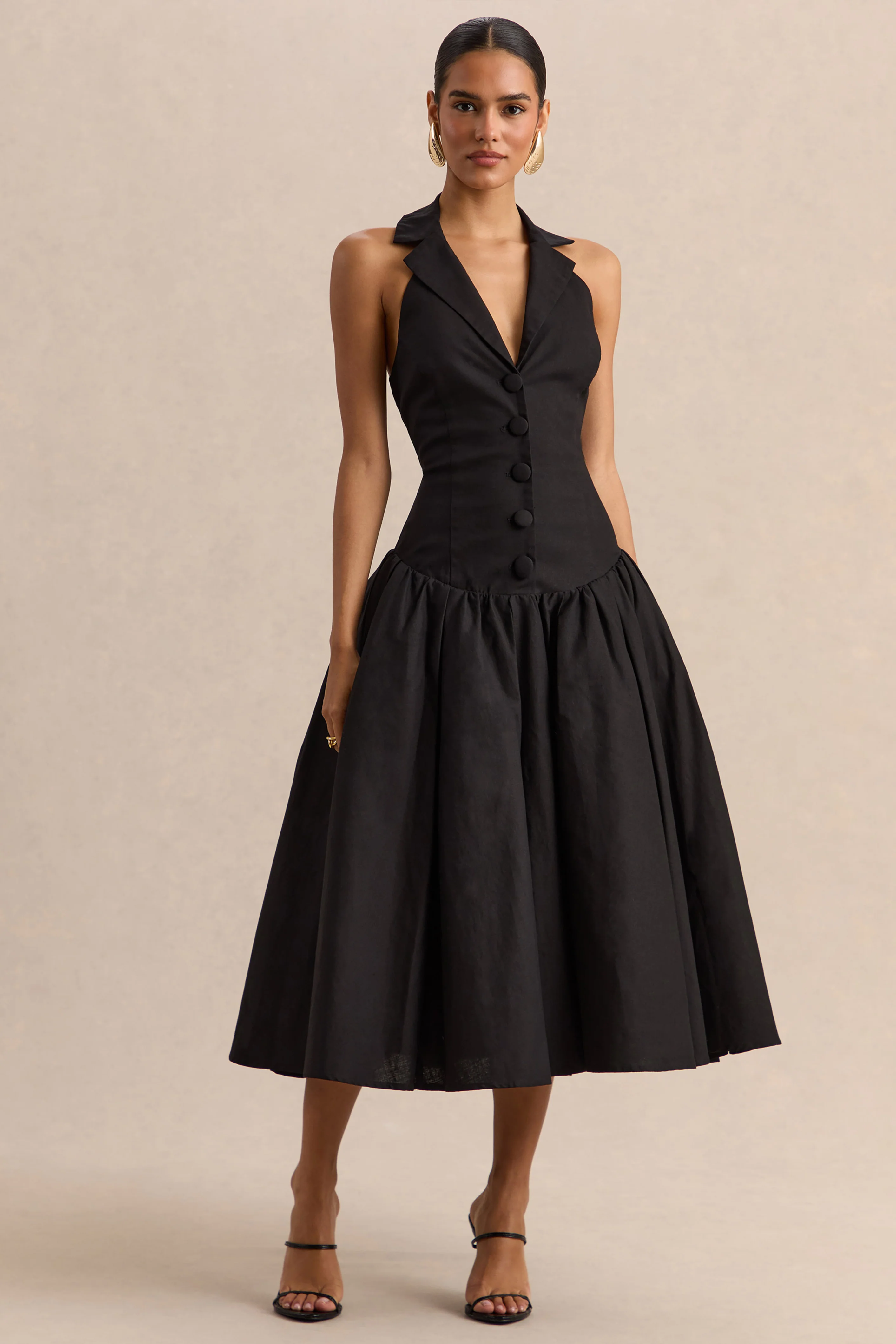 Ella | Zwarte Diepe V-Hals Midi Jurk Met verlaagde Taille - Image 4
