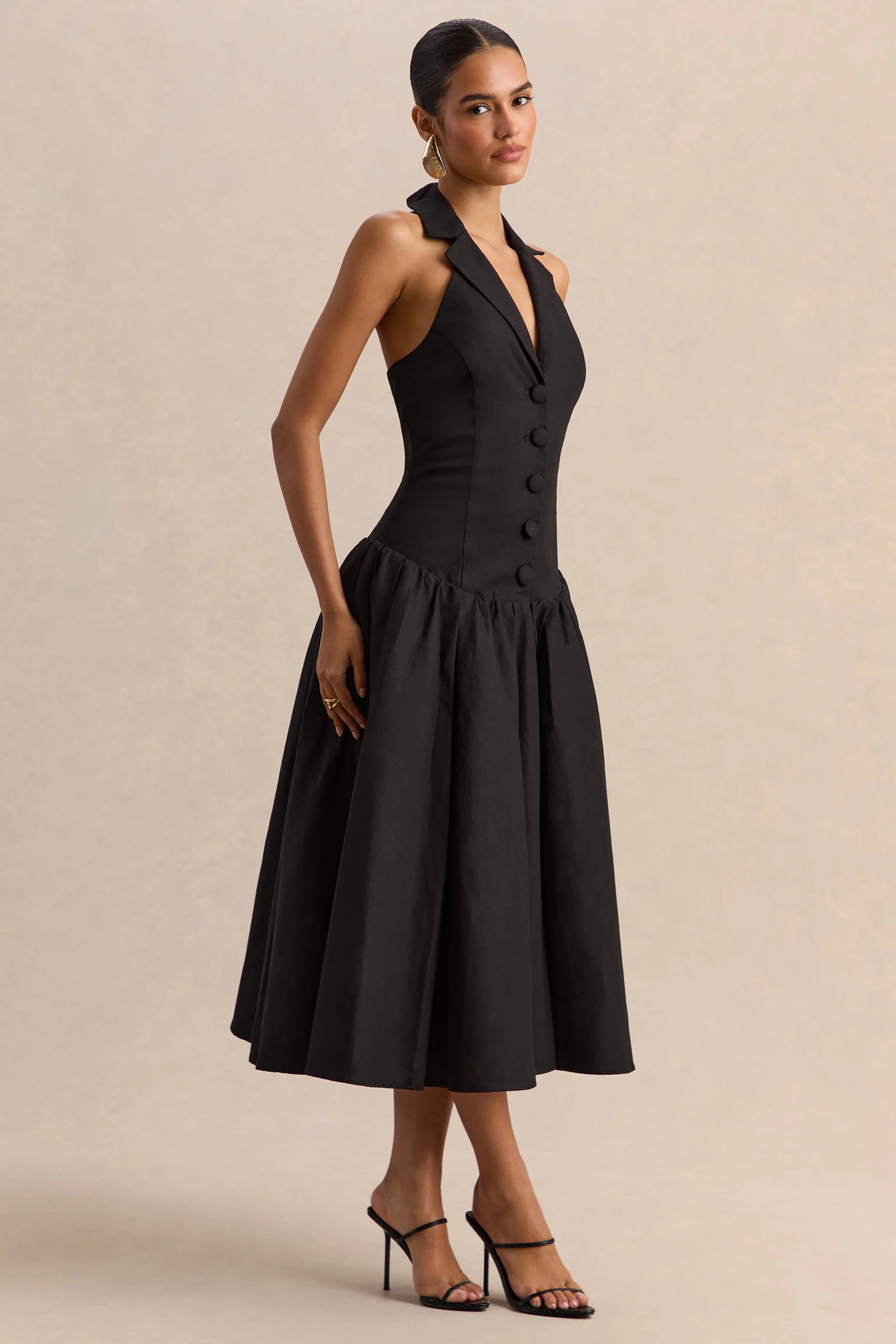 Ella | Zwarte Diepe V-Hals Midi Jurk Met verlaagde Taille - Image 5