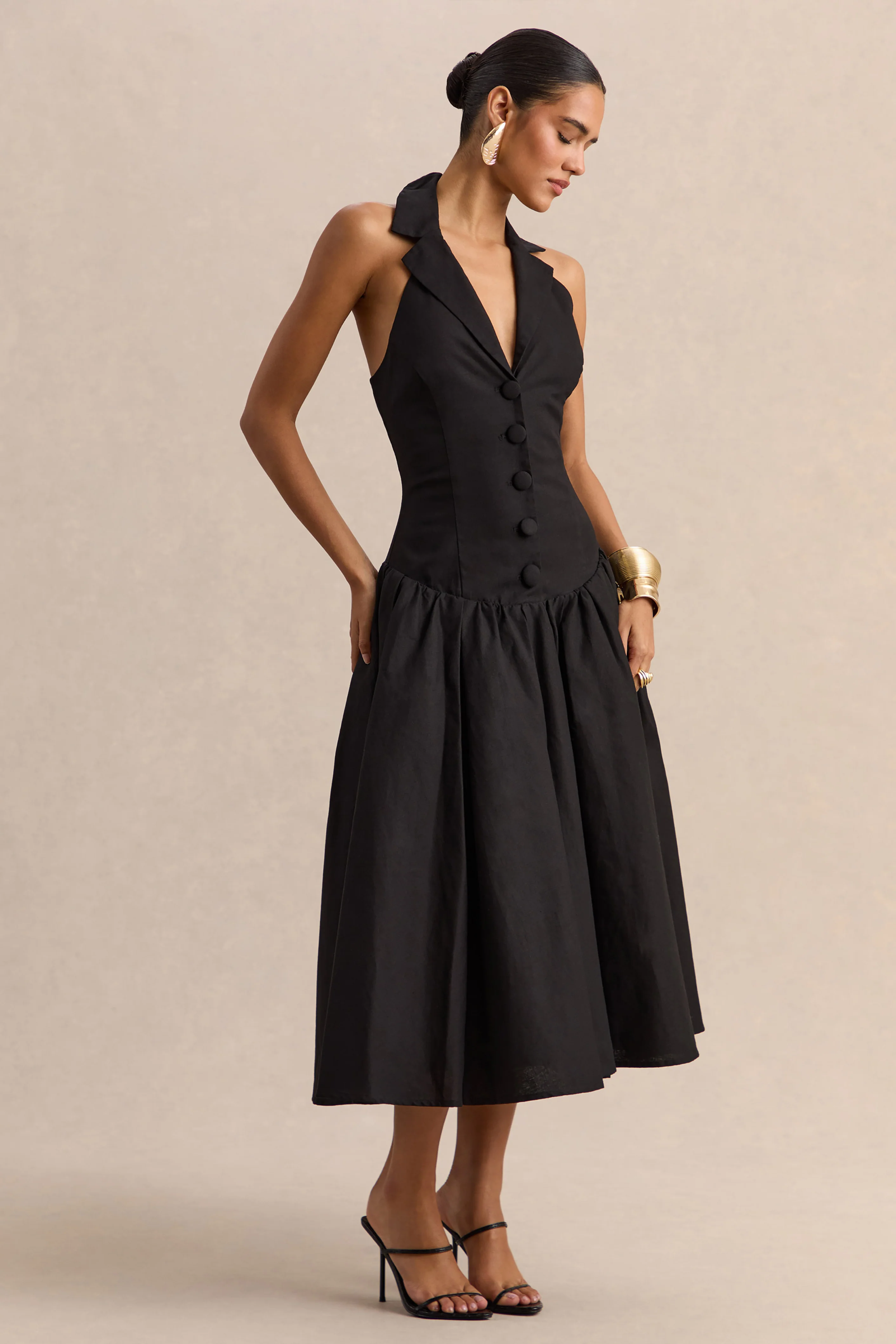 Ella | Zwarte Diepe V-Hals Midi Jurk Met verlaagde Taille - Image 6