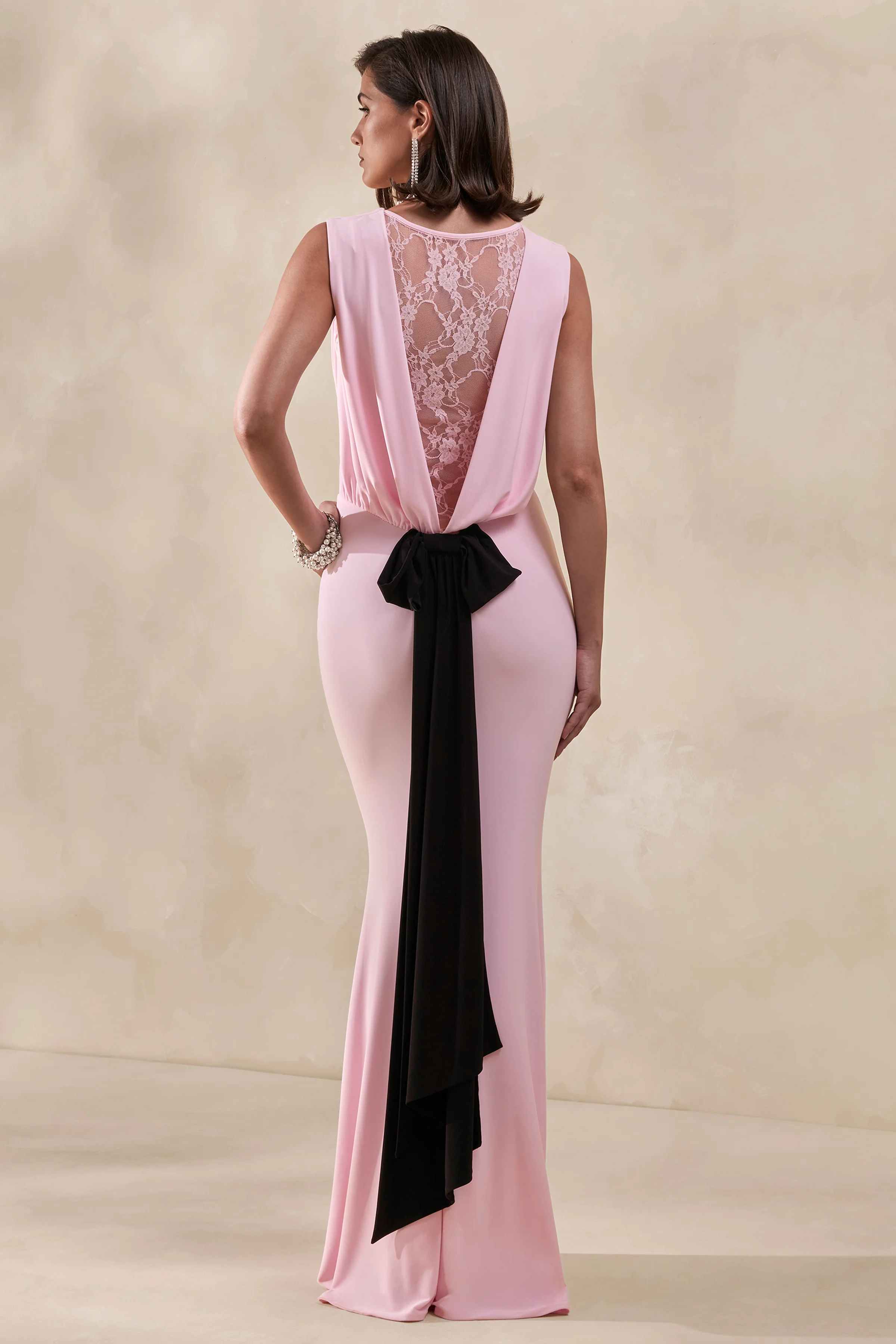 Elladine | Roze Ronde Hals Maxi Jurk Met Kanten Rug En Strikdetail