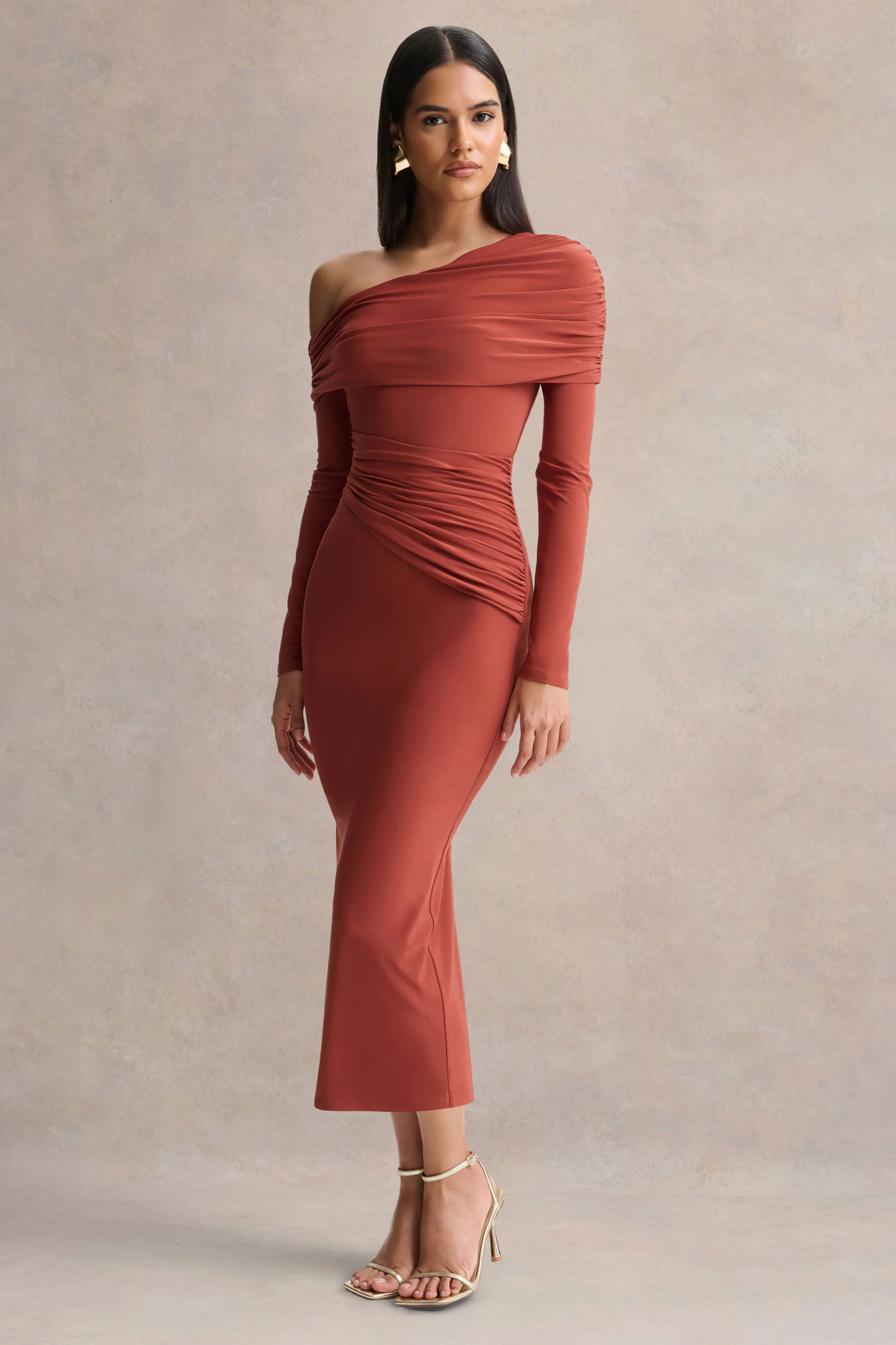 Elliora | Roestkleurige Asymmetrische-Hals Midi Jurk - Image 4