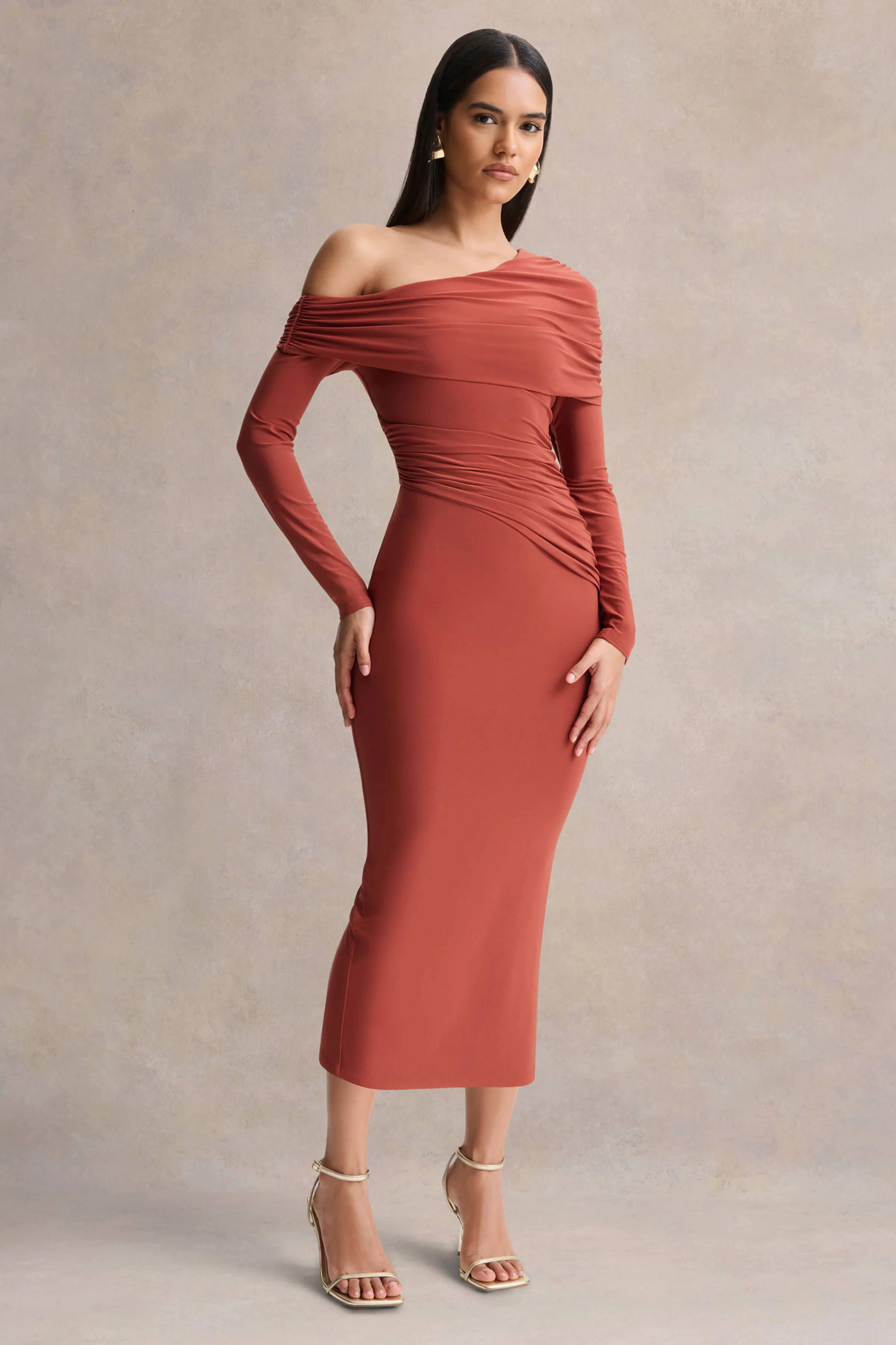 Elliora | Roestkleurige Asymmetrische-Hals Midi Jurk - Image 5