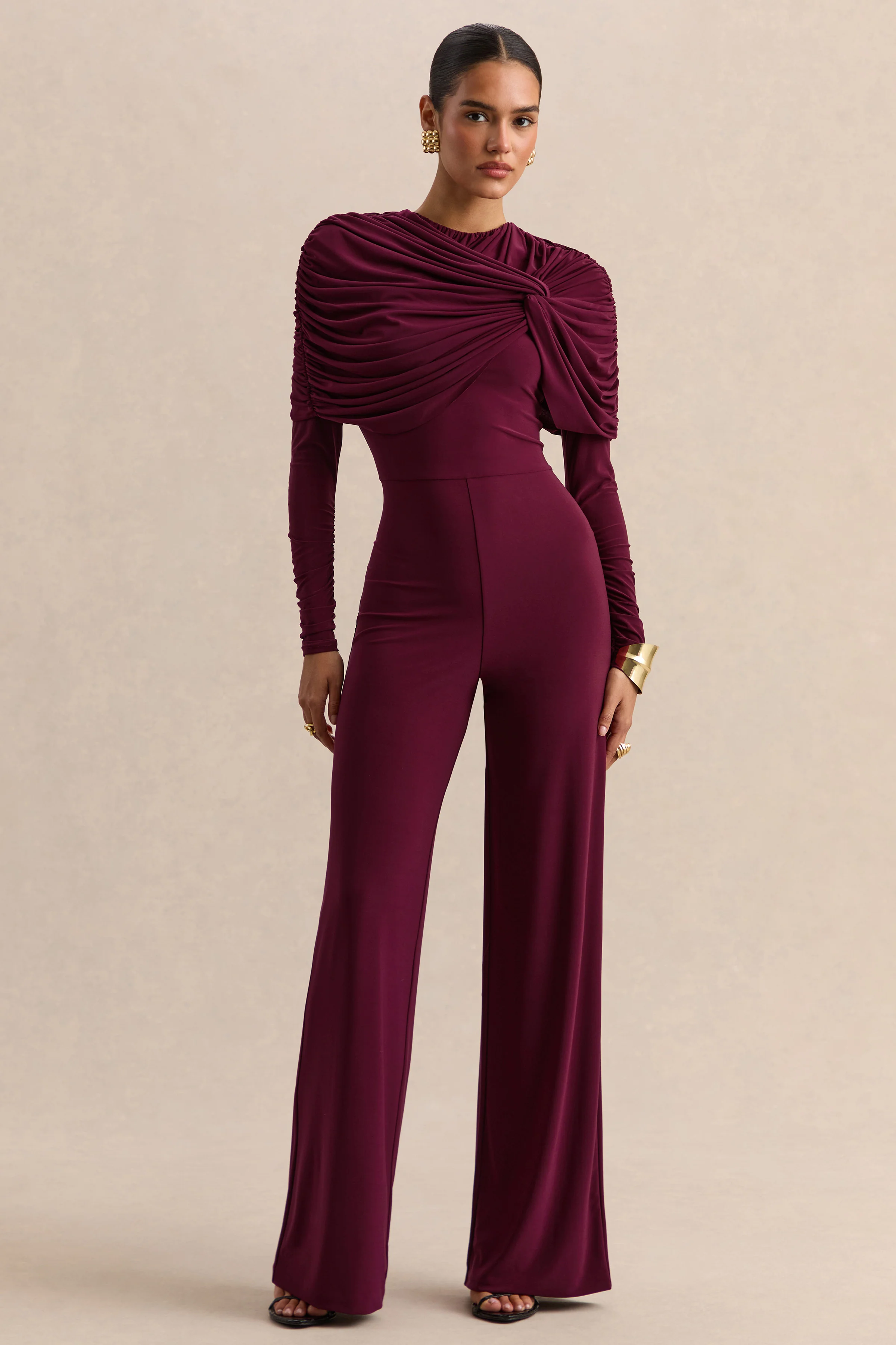 Eloura | Bessenrode Jumpsuit Met Hoge Hals En Gedraaid Gerimpeld Detail