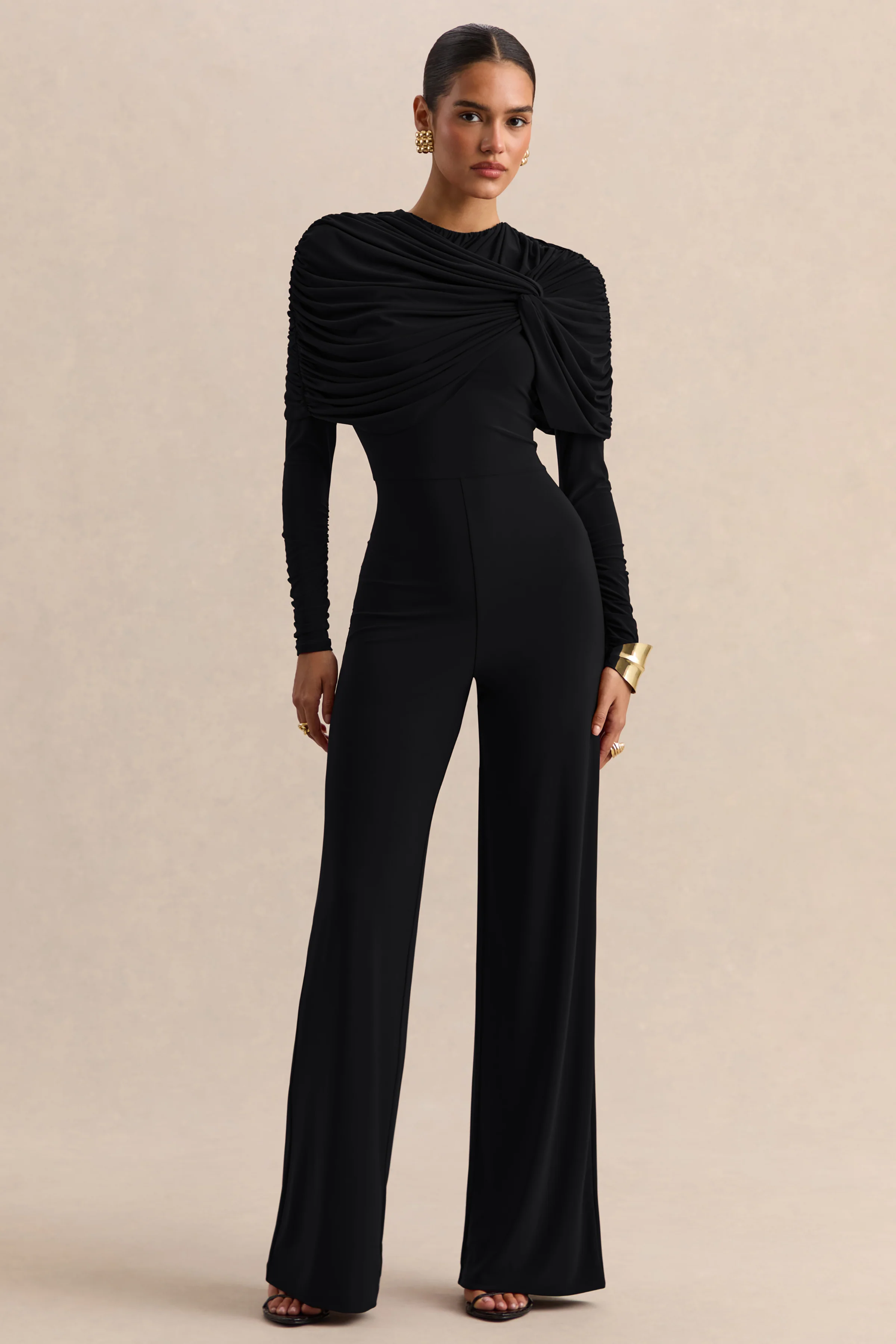 Eloura | Zwarte Jumpsuit Met Hoge Hals En Gedraaid Rimpel Detail