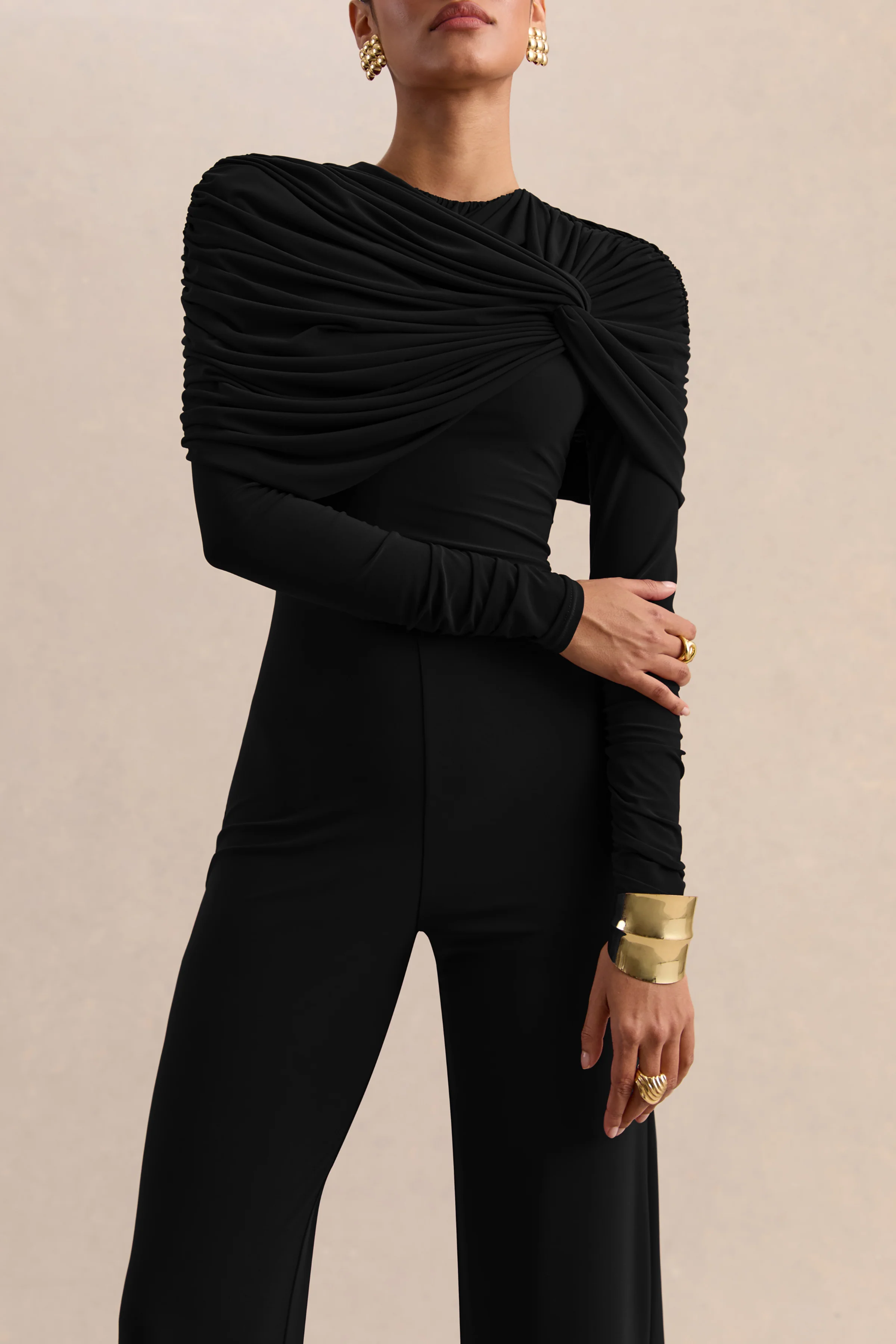 Eloura | Zwarte Jumpsuit Met Hoge Hals En Gedraaid Rimpel Detail - Image 3